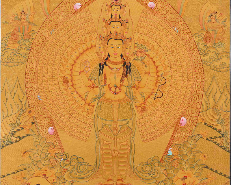 Full Gold 1000 Armed Lokeshvara Thanka | Compassion Yoga Wall Decor