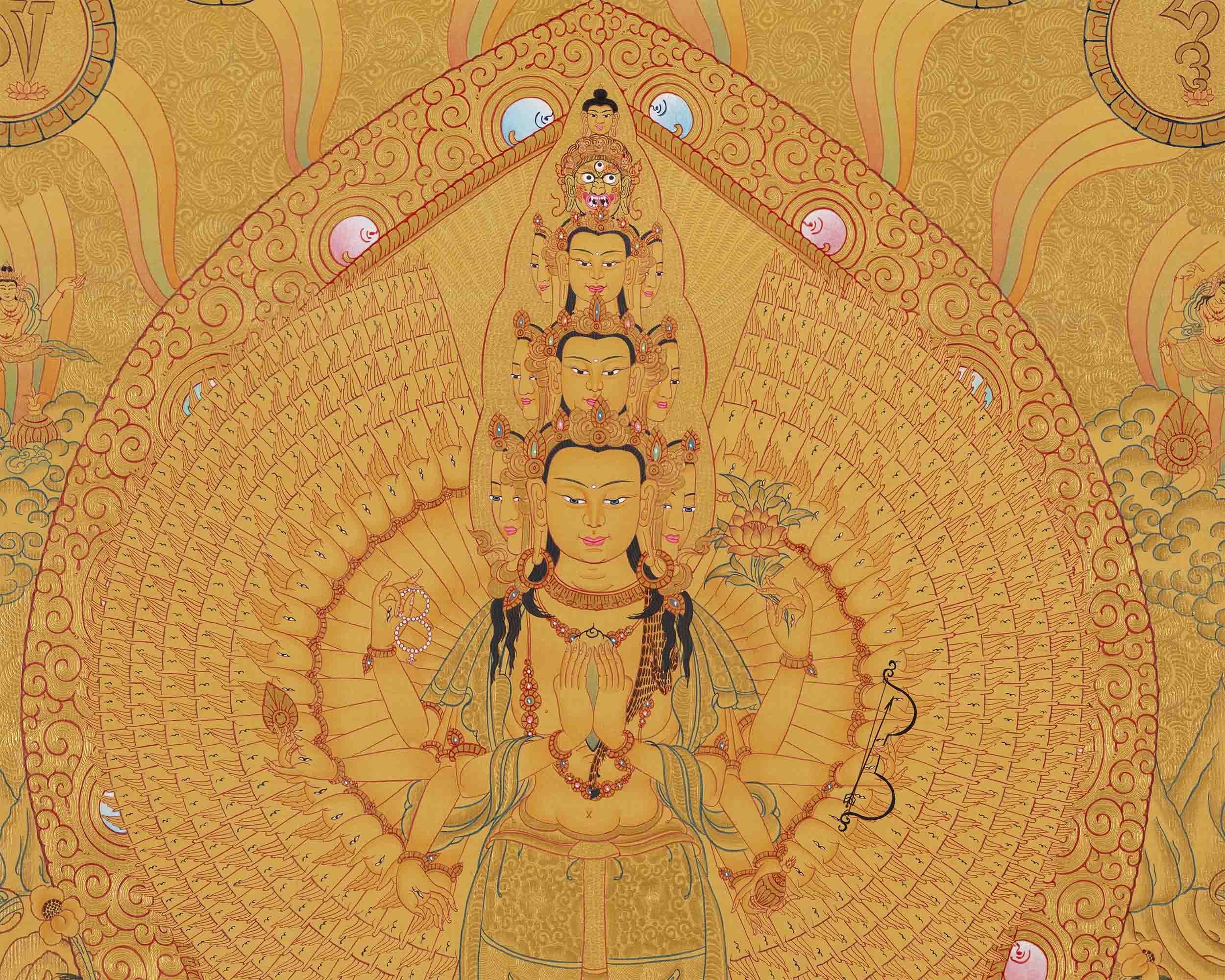 Full Gold 1000 Armed Lokeshvara Thanka | Compassion Yoga Wall Decor