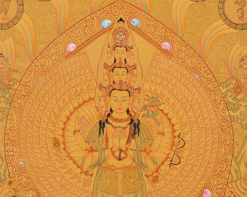 Full Gold 1000 Armed Lokeshvara Thanka | Compassion Yoga Wall Decor