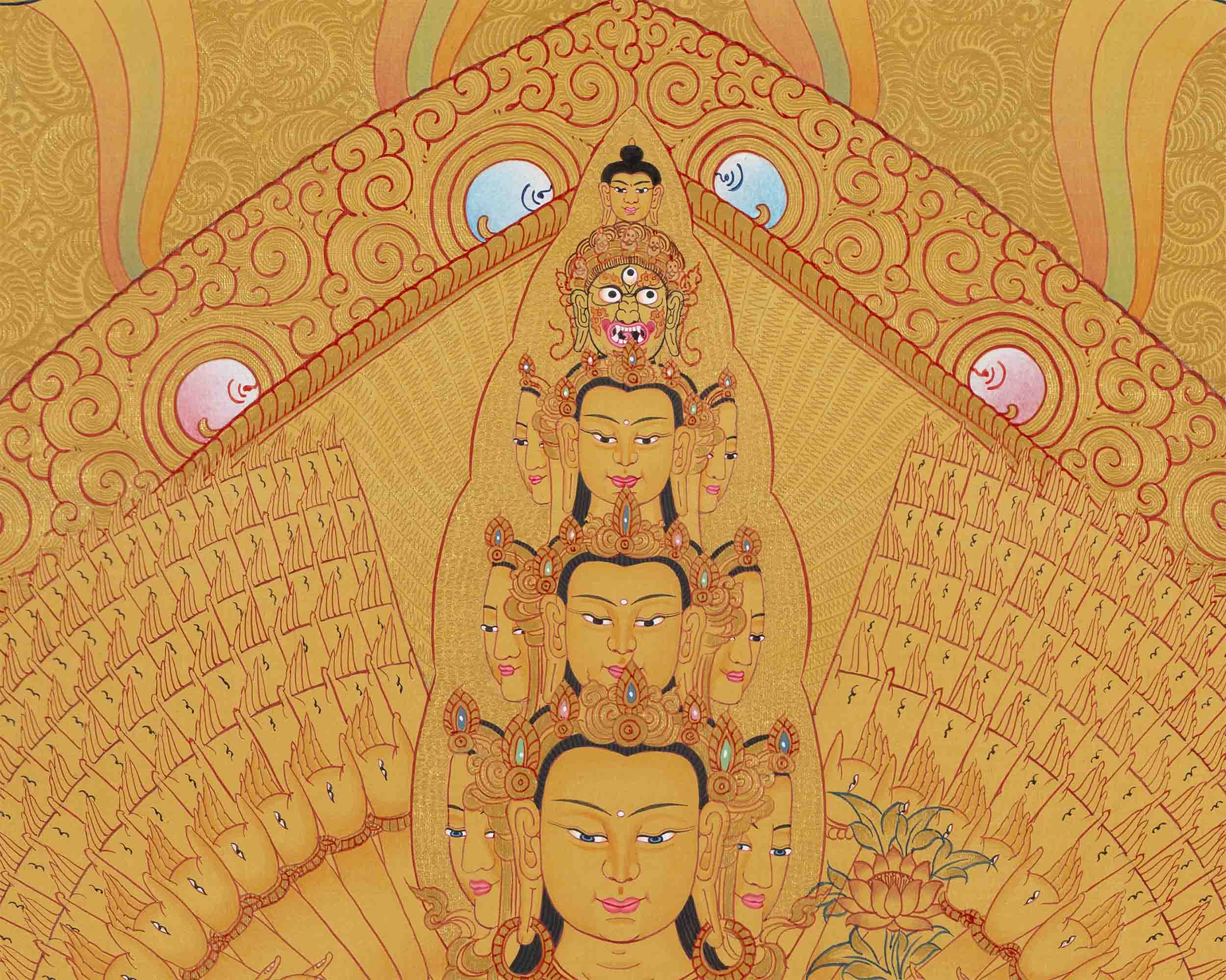 Full Gold 1000 Armed Lokeshvara Thanka | Compassion Yoga Wall Decor
