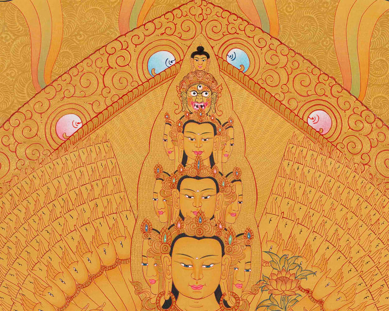 Full Gold 1000 Armed Lokeshvara Thanka | Compassion Yoga Wall Decor