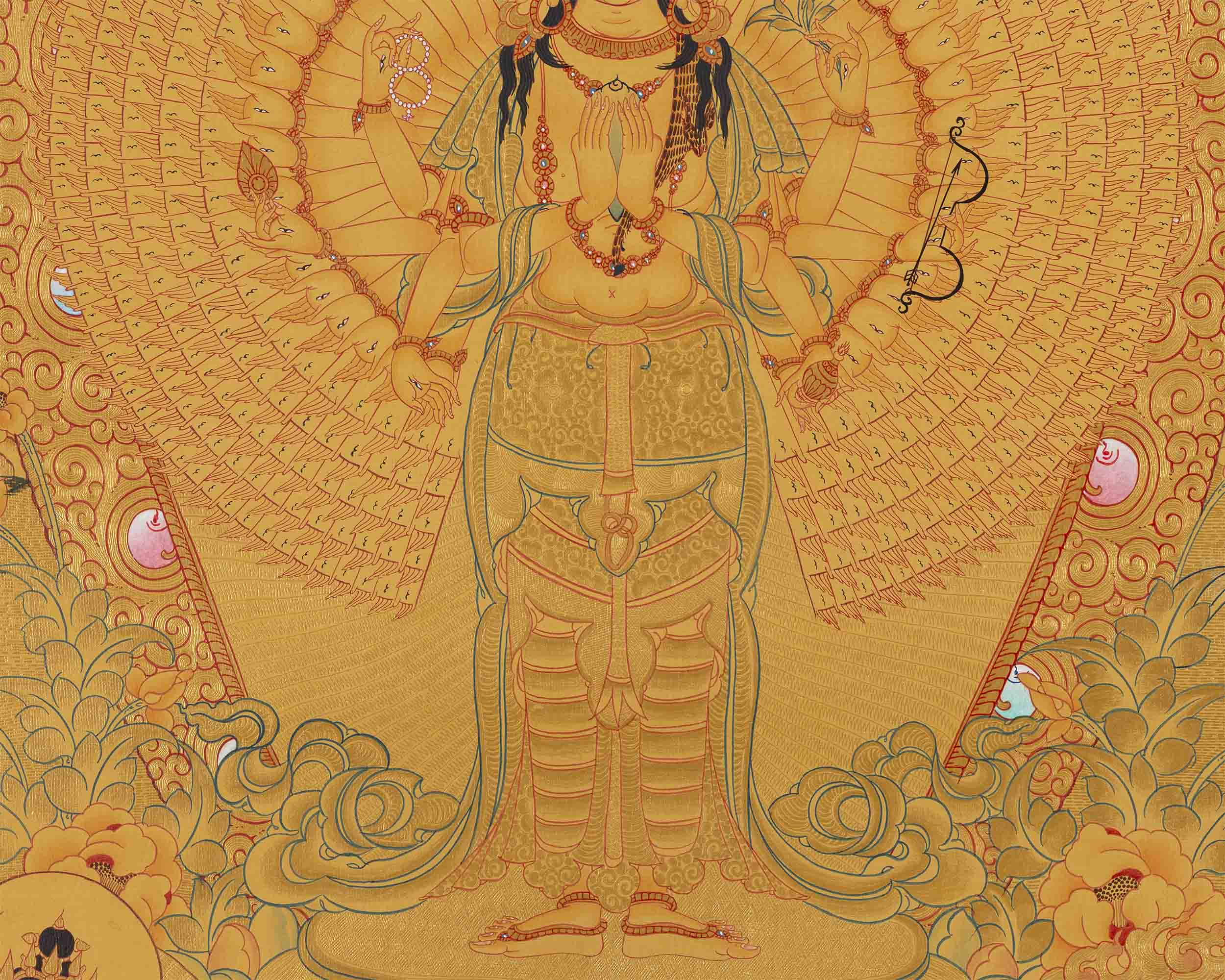 Full Gold 1000 Armed Lokeshvara Thanka | Compassion Yoga Wall Decor