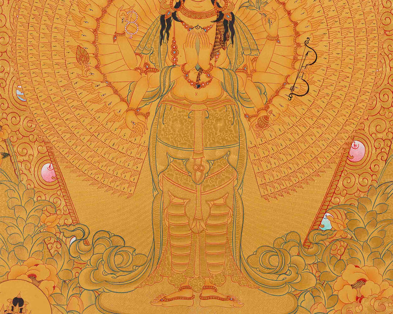 Full Gold 1000 Armed Lokeshvara Thanka | Compassion Yoga Wall Decor