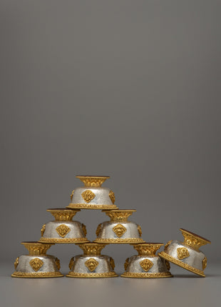 Handcrafted Silver Body and Gold-Plated Offering Bowls | Sacred Buddhist Decor Item