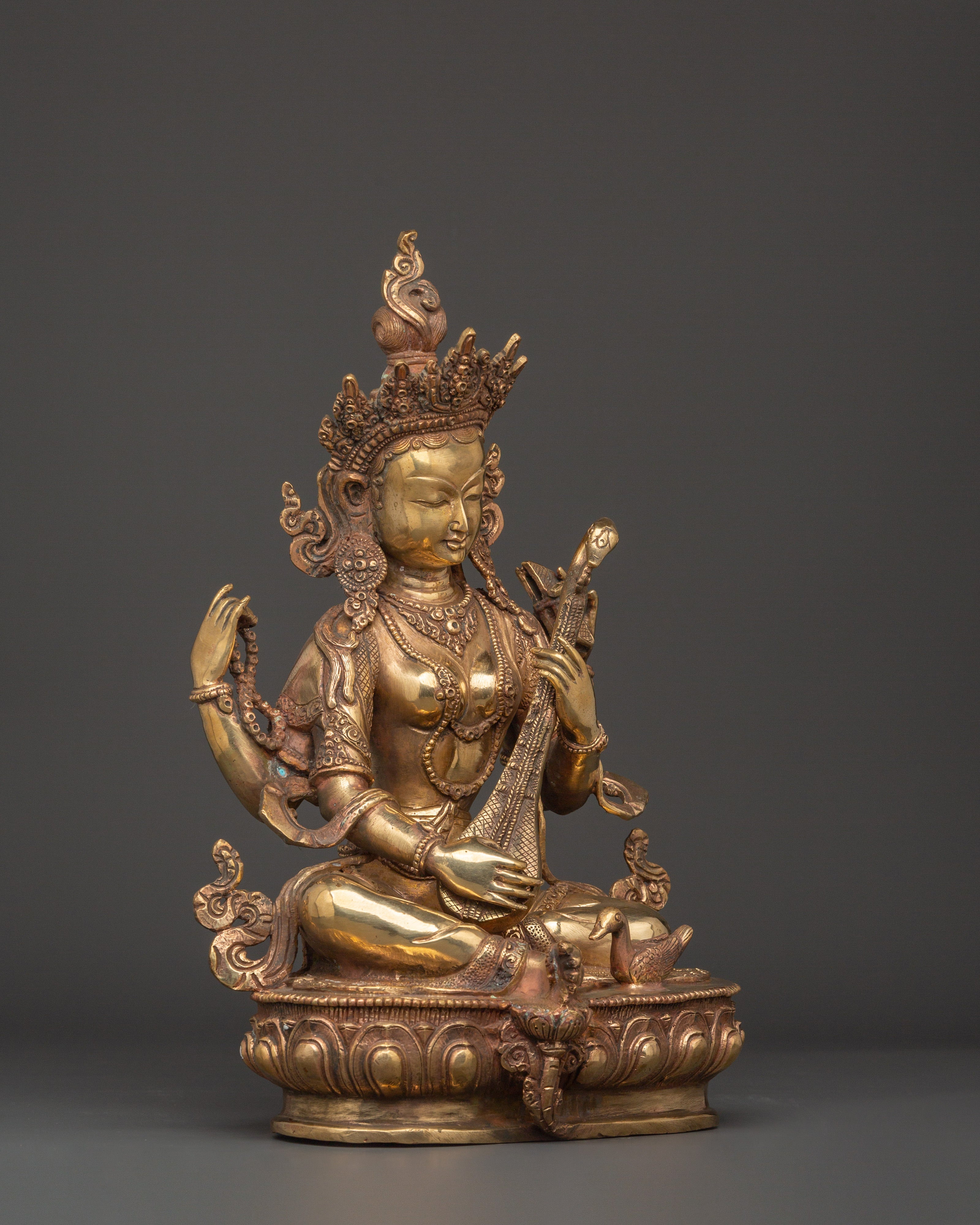 Saraswati Goddess Statue in Copper | Wisdom Deity Sculpture