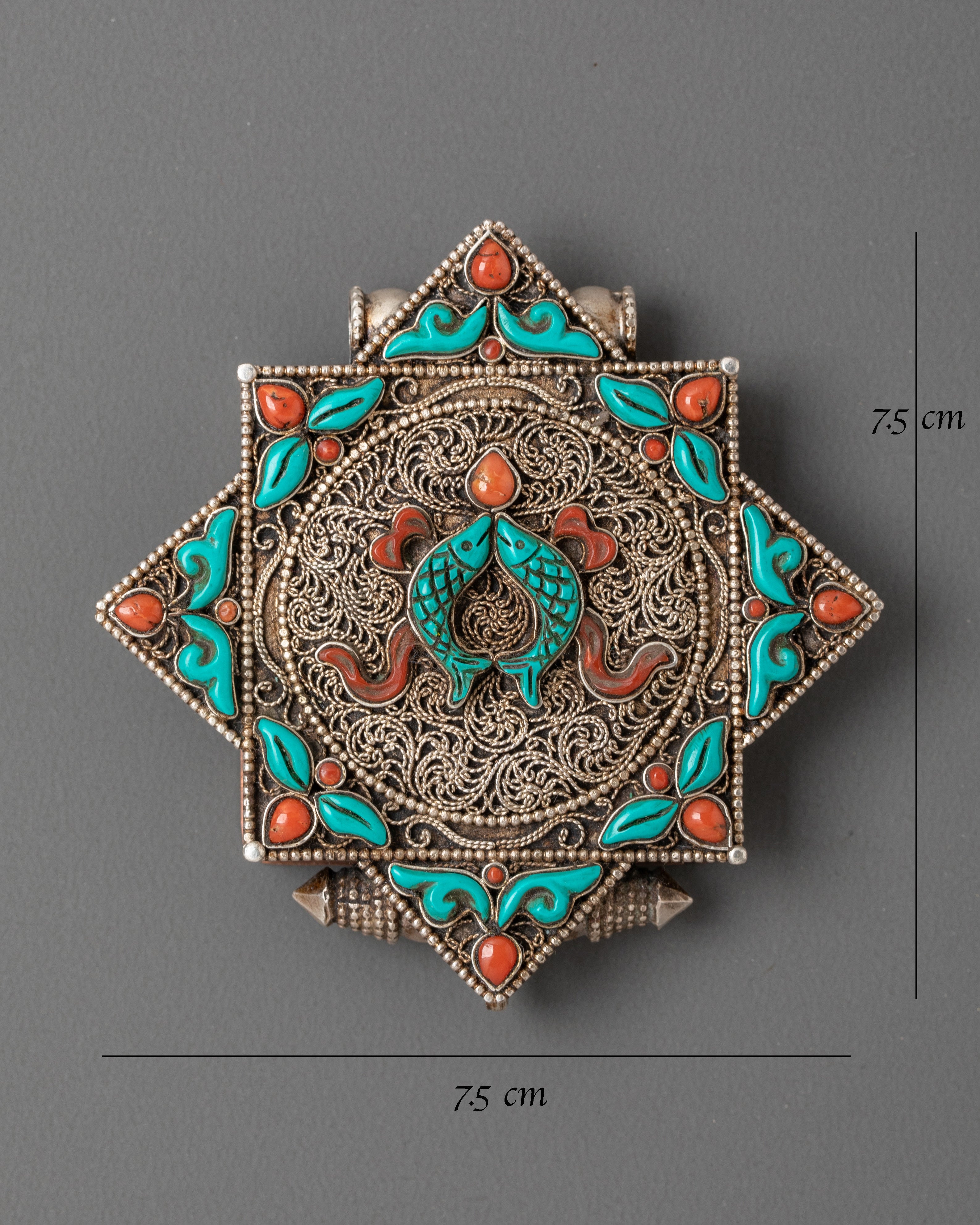 Spiritual Ghau Box Locket with Semi Precious Stones | Tibetan Silver Pendant