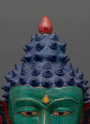 Large Brass Buddha Head Statue | Turquoise & Coral Inlay