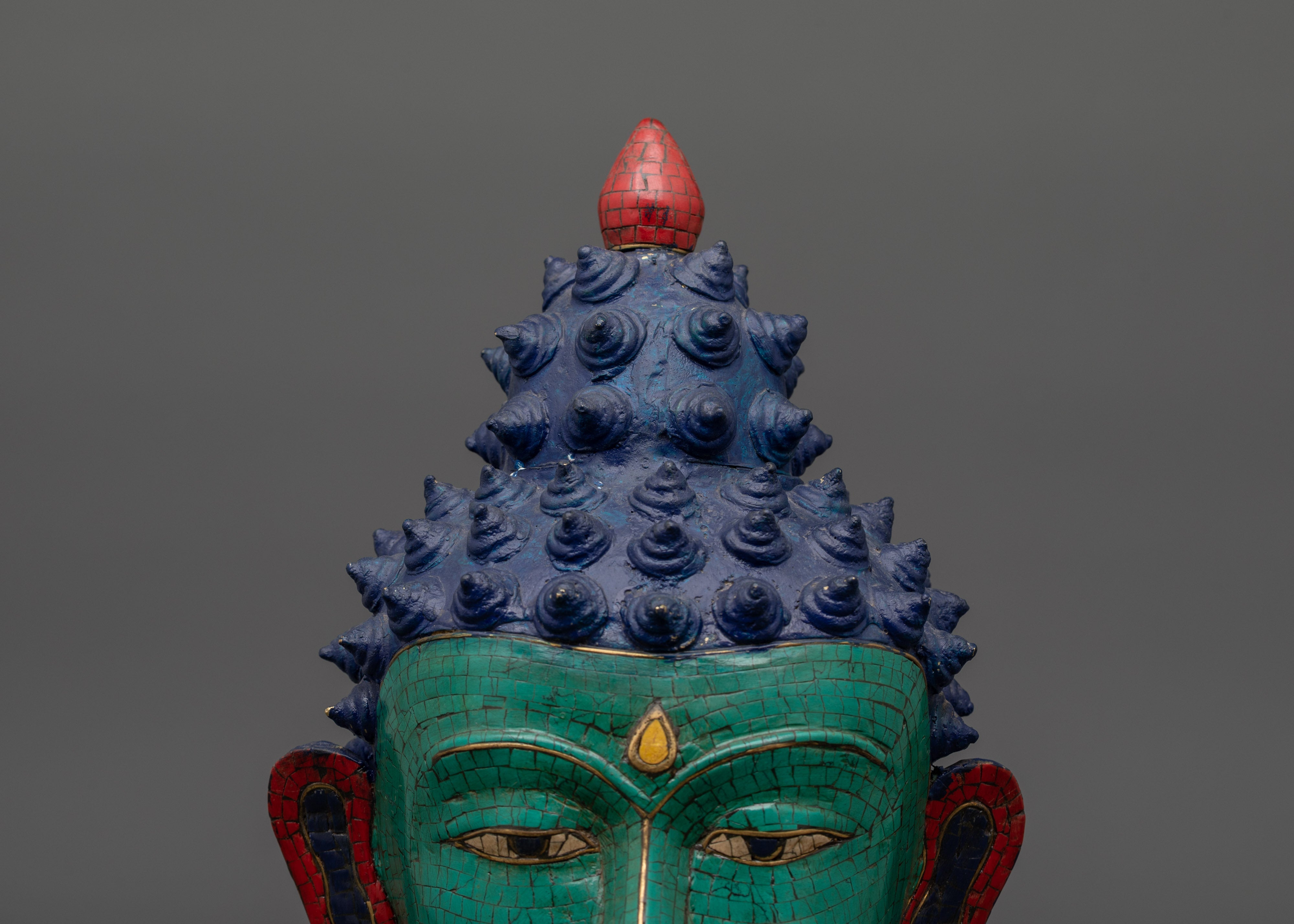 Large Brass Buddha Head Statue | Turquoise & Coral Inlay