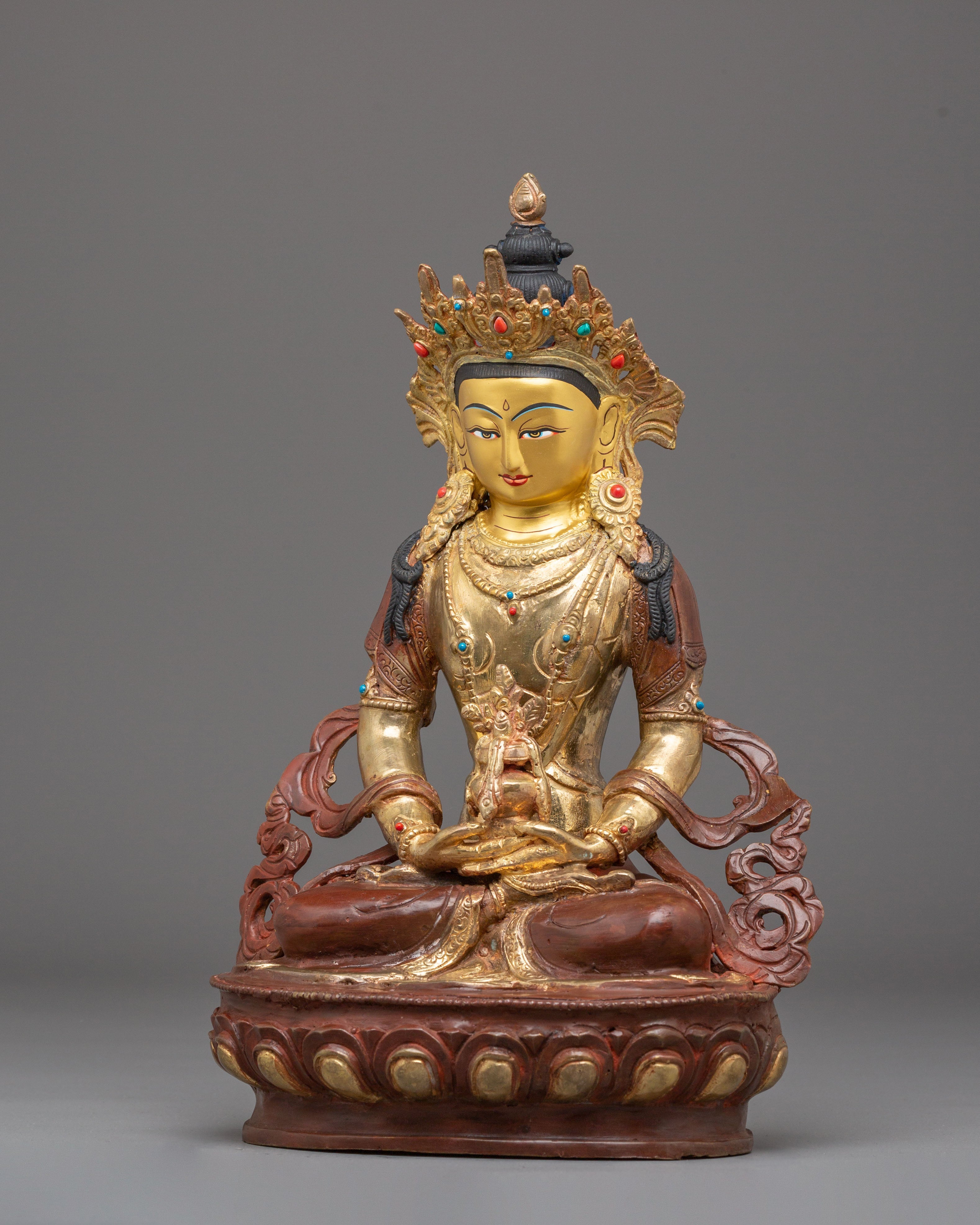 Sacred Long Life Amitayus Buddha Statue | Golden Copper Buddha Sculpture