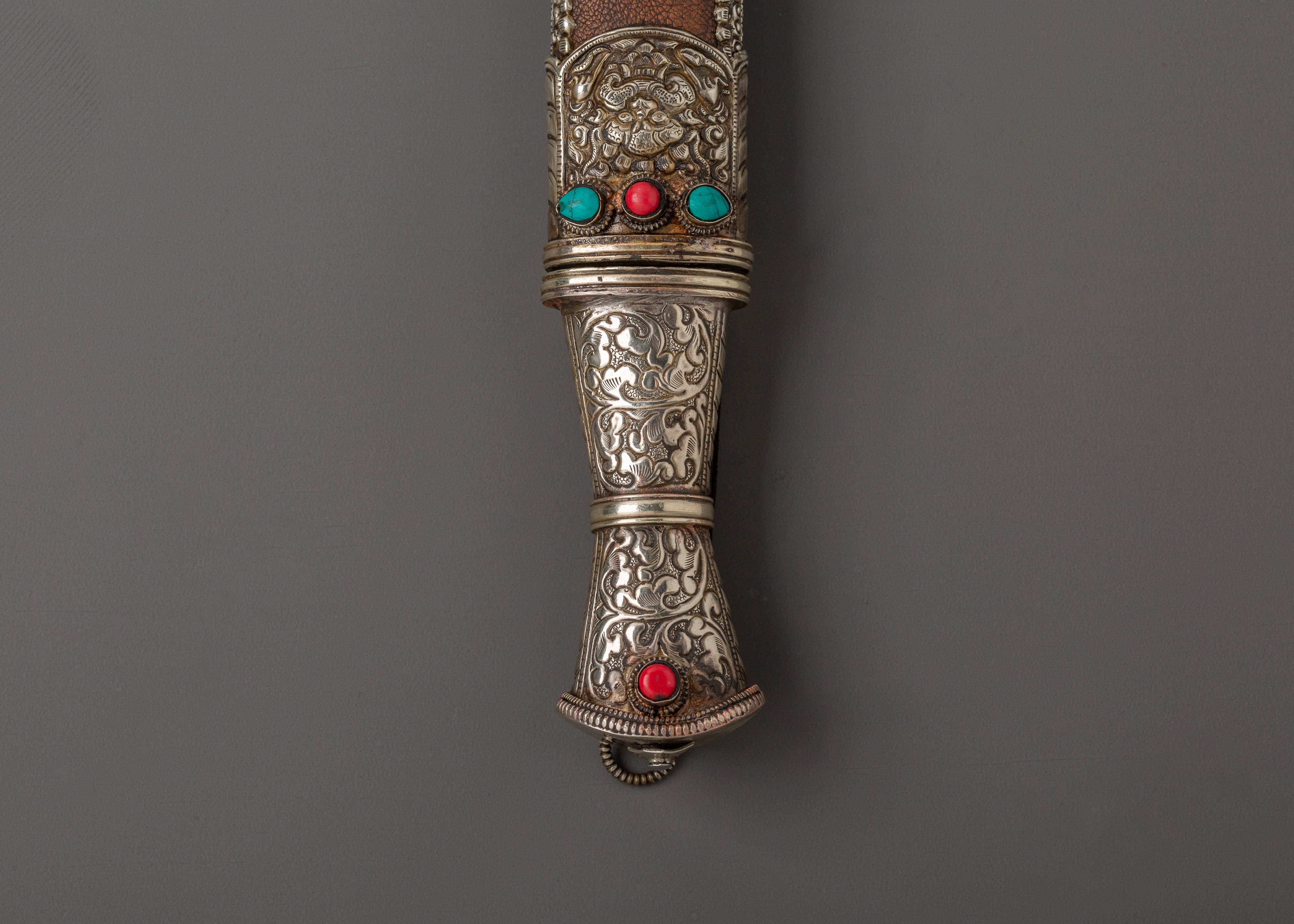 Tibetan Sword with White Metal | Ritual Item with Turquoise and Coral Gems