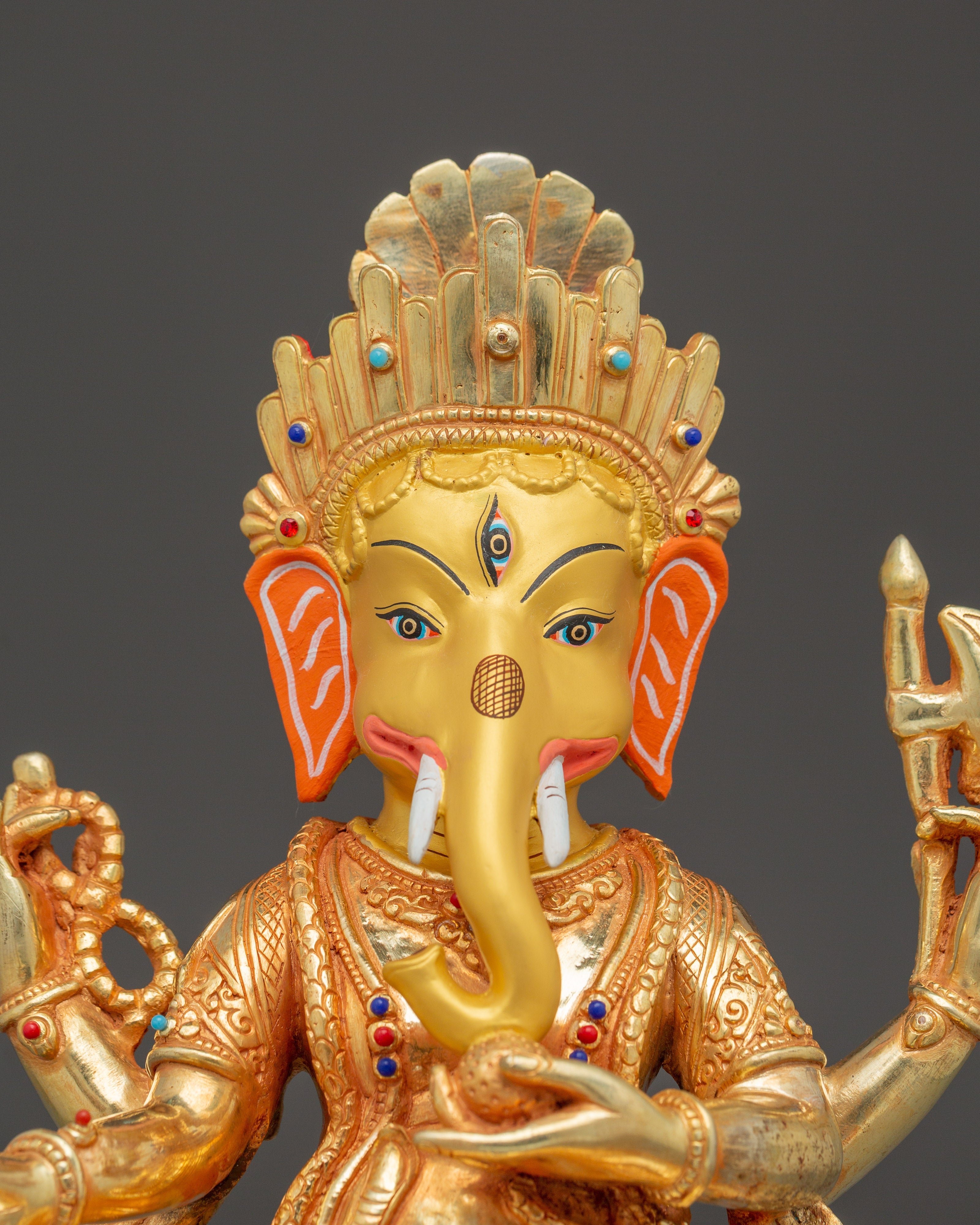 Handmade Gold-Plated Ganesha Sculpture | Copper Body with Coral & Turquoise Stones