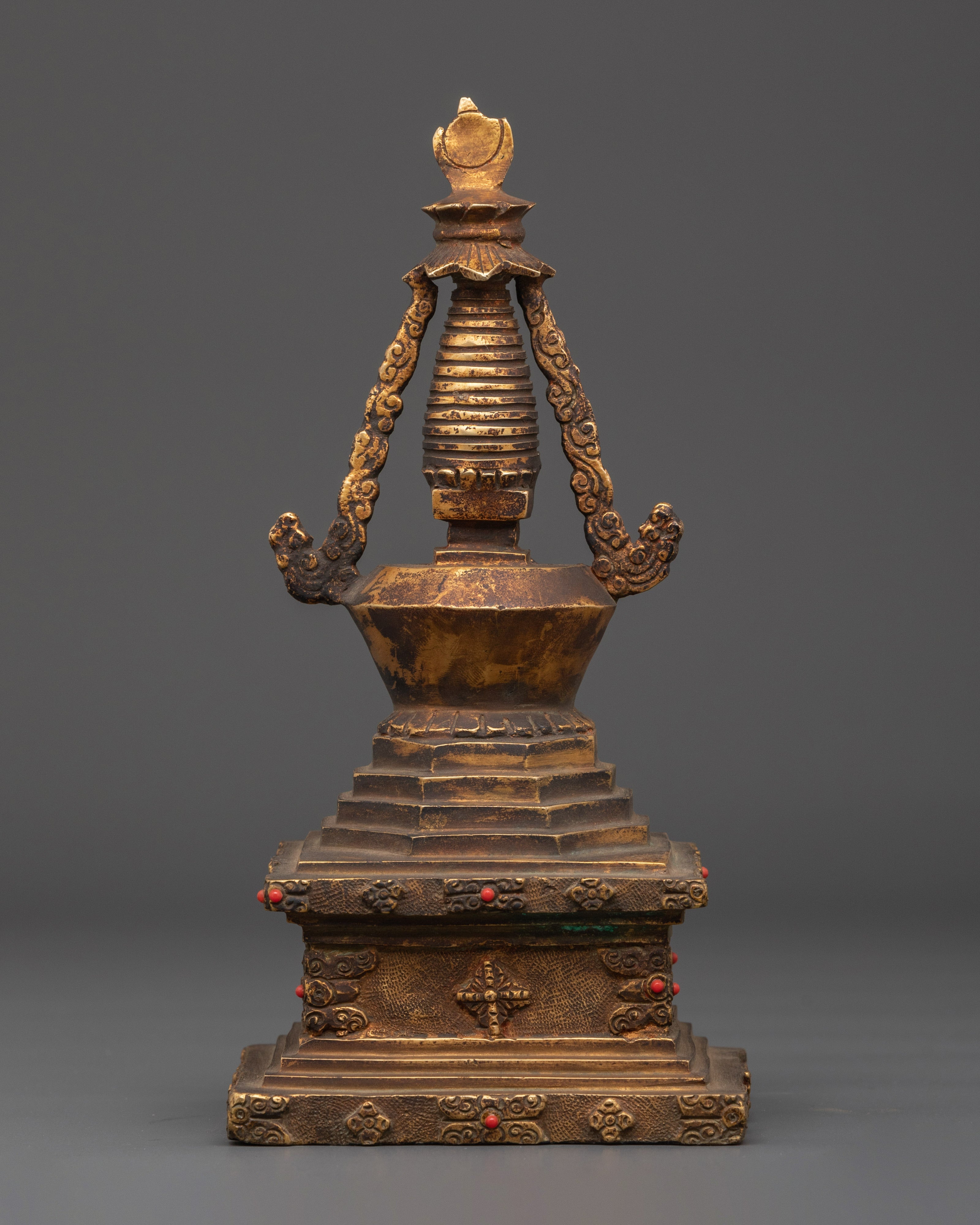 Copper And Gold Plated Stupa With Antique Finishing | Sacred Spiritual Artifact