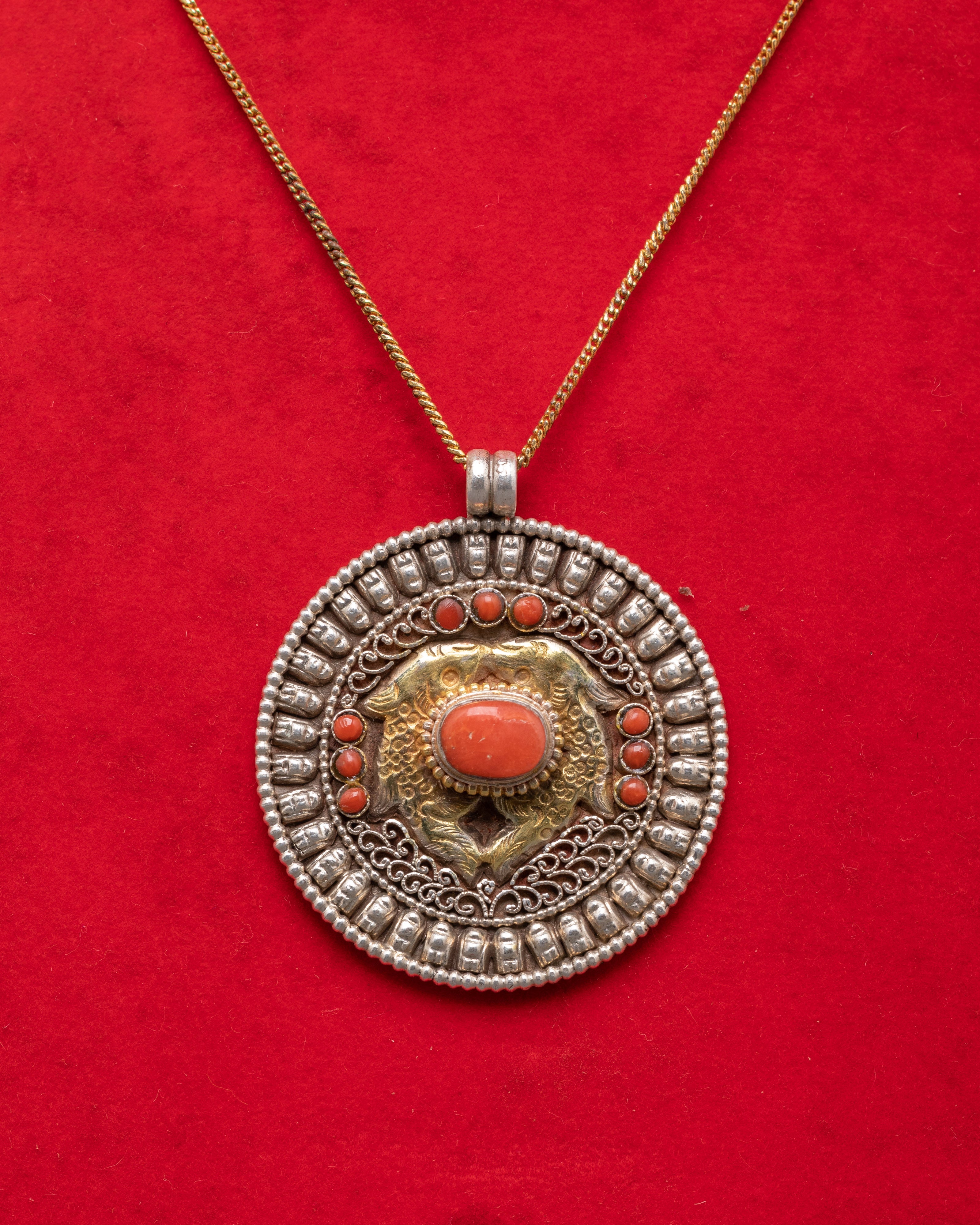 Sacred Twin Fish Buddhist Pendant | Tibetan Coral Amulet in Silver & Gold