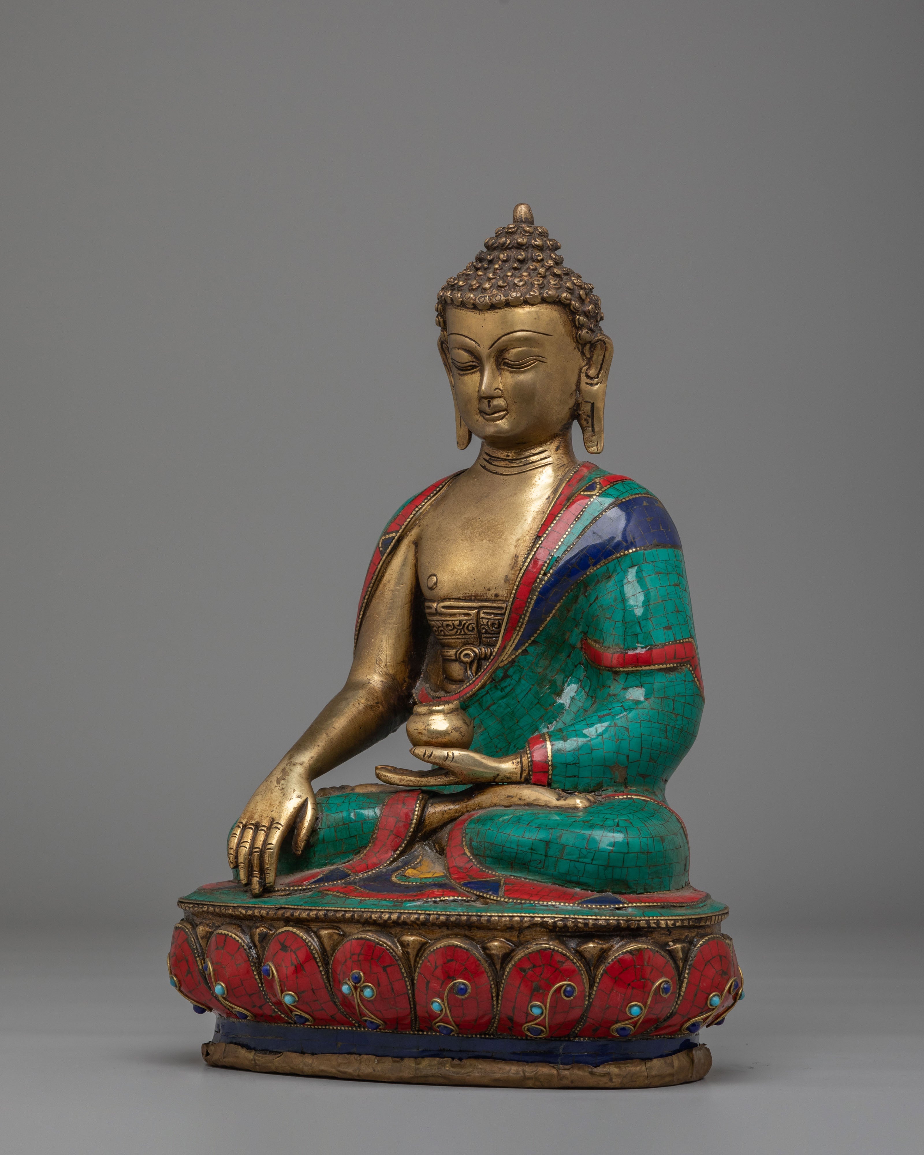 Scared Shakyamuni Buddha Statue | Handcrafted Brass Statue with Gemstones