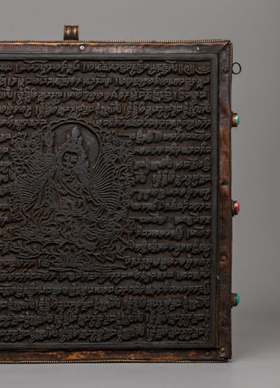 Hand-Carved Flag Stamp of Guru Rinpoche in Copper and Wood | Meditation and Rituals