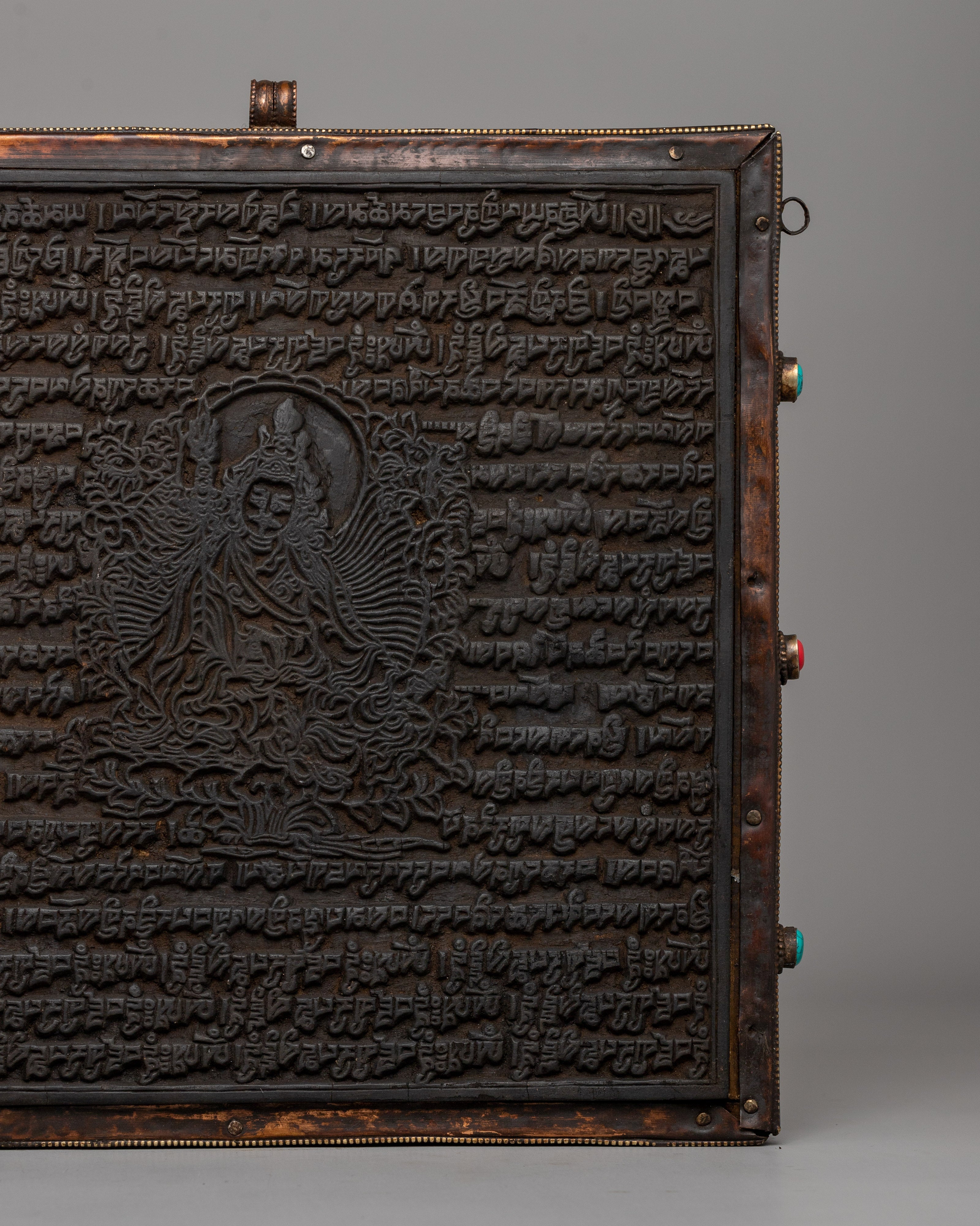Hand-Carved Flag Stamp of Guru Rinpoche in Copper and Wood | Meditation and Rituals