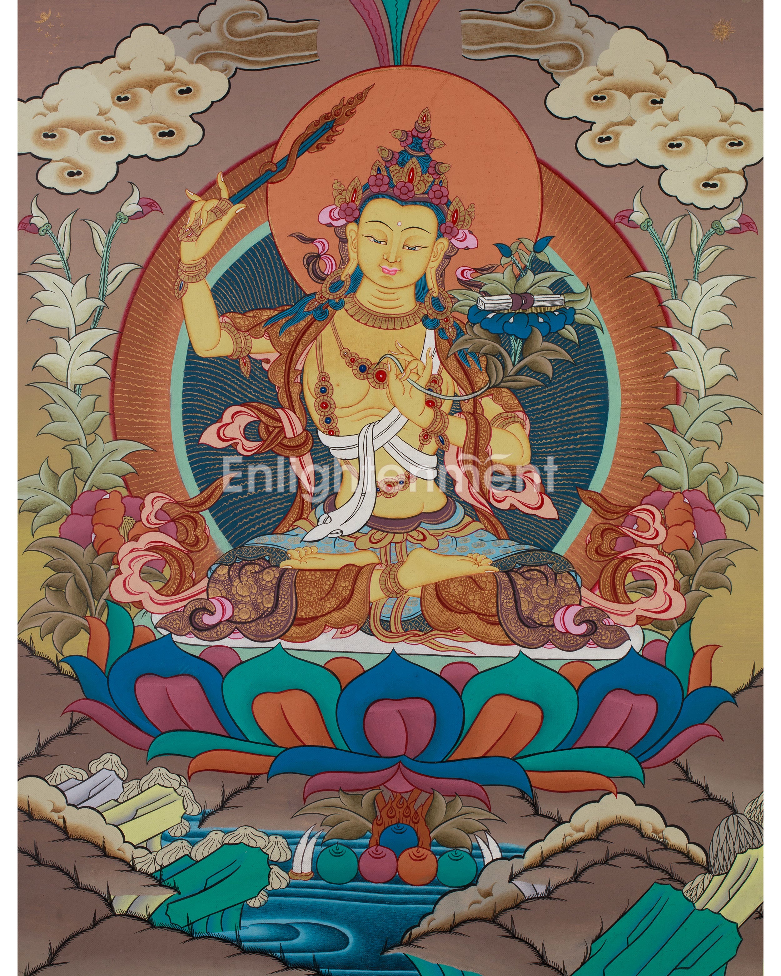 Manjushri Thanka | Tibetan Bodhisattva with Flaming Sword of Wisdom