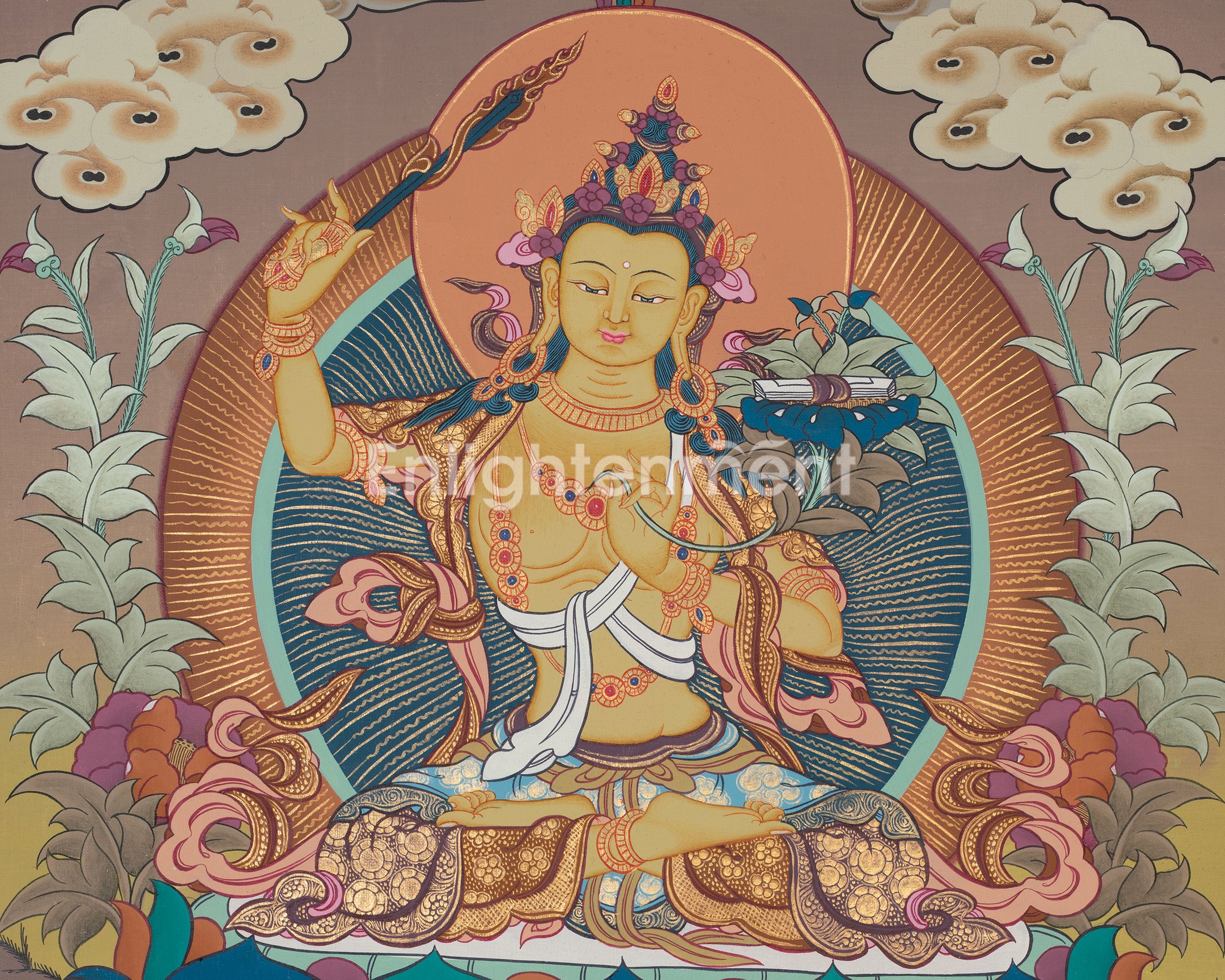 Manjushri Thanka | Tibetan Bodhisattva with Flaming Sword of Wisdom
