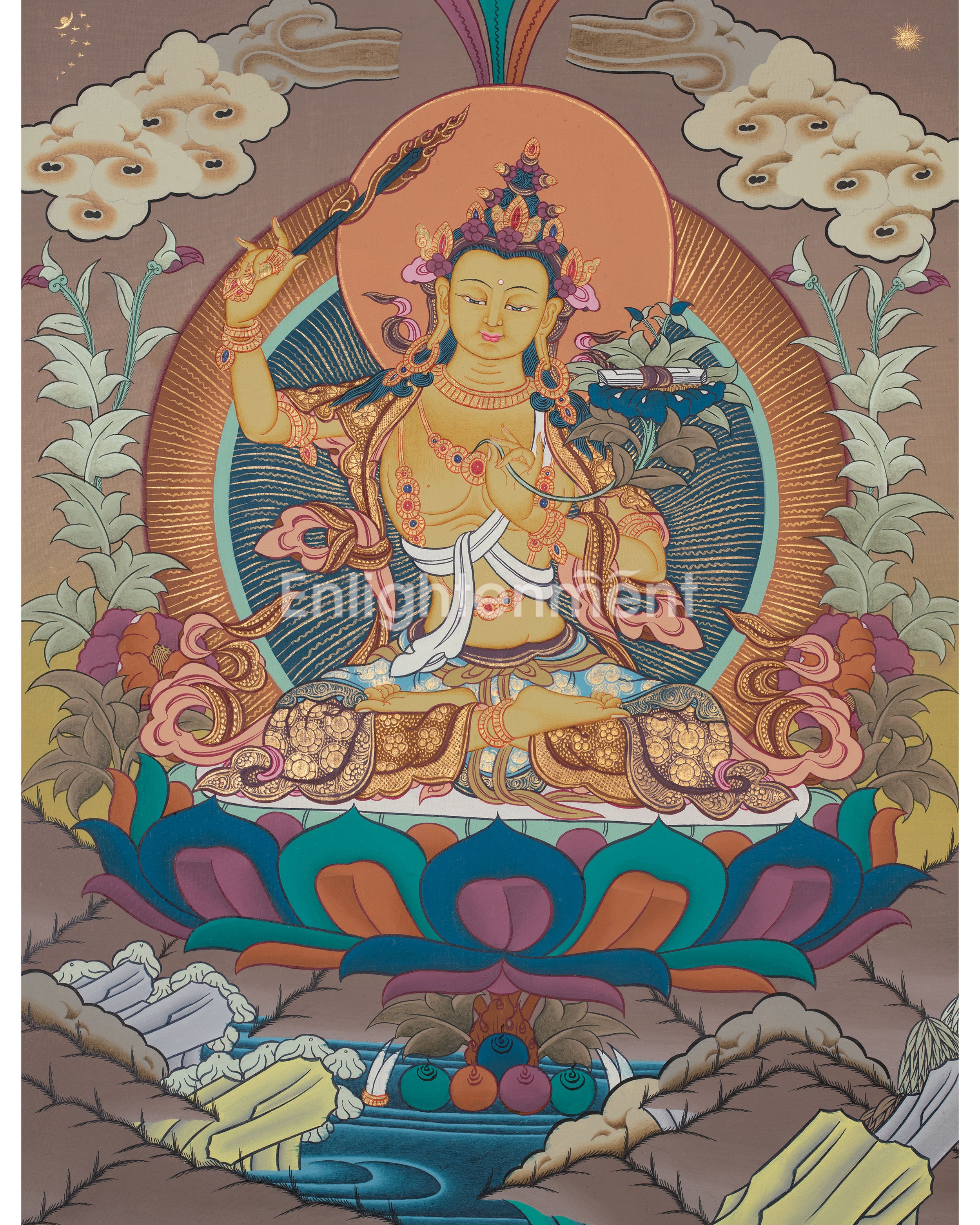 Manjushri Thanka | Tibetan Bodhisattva with Flaming Sword of Wisdom
