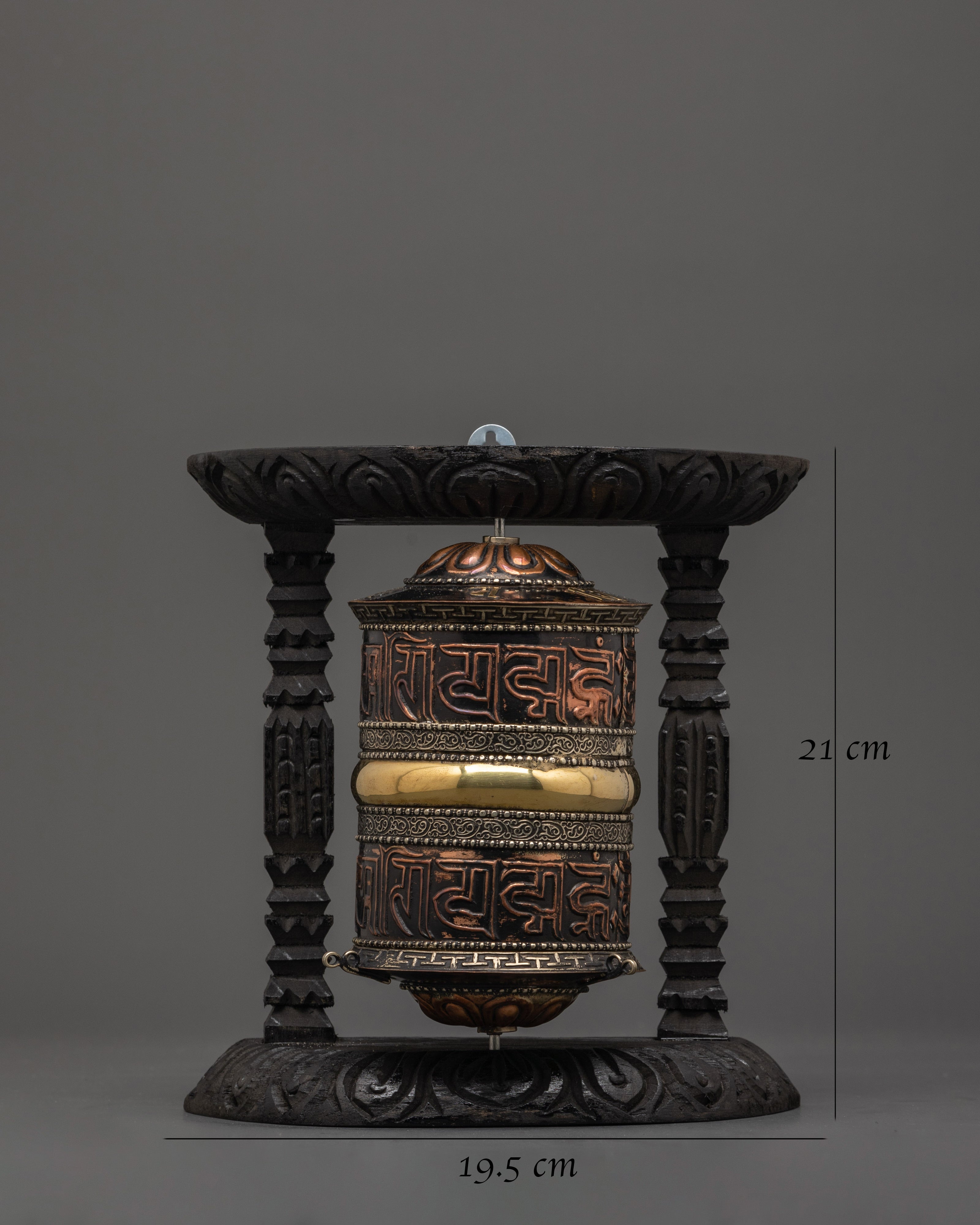Sacred Wooden Framed Prayer Wheel | Copper and Brass Tibetan Mantra Wheel