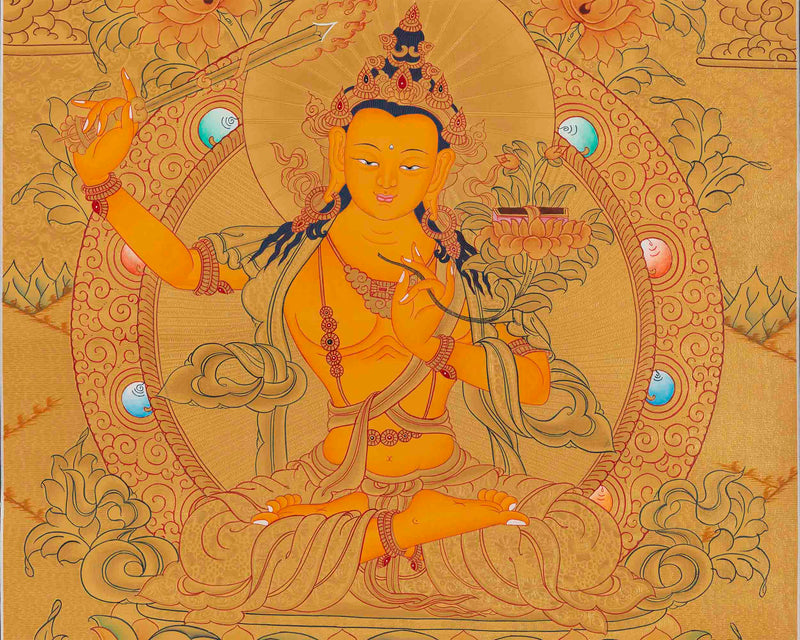 Gold Style Manjushri Thangka | Tibetan Bodhisattva Painting