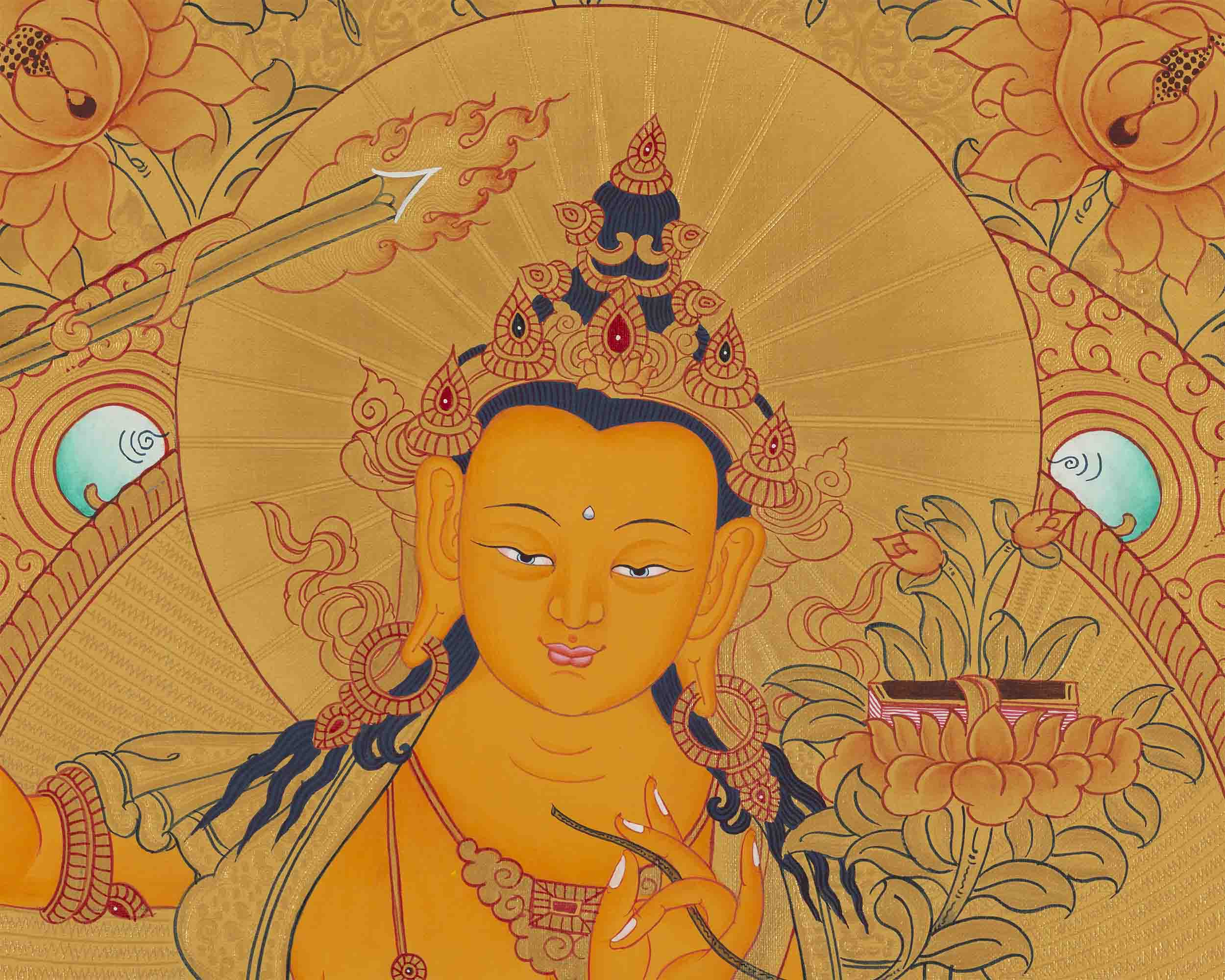 Gold Style Manjushri Thangka | Tibetan Bodhisattva Painting