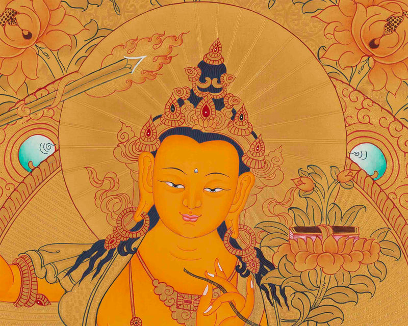 Gold Style Manjushri Thangka | Tibetan Bodhisattva Painting