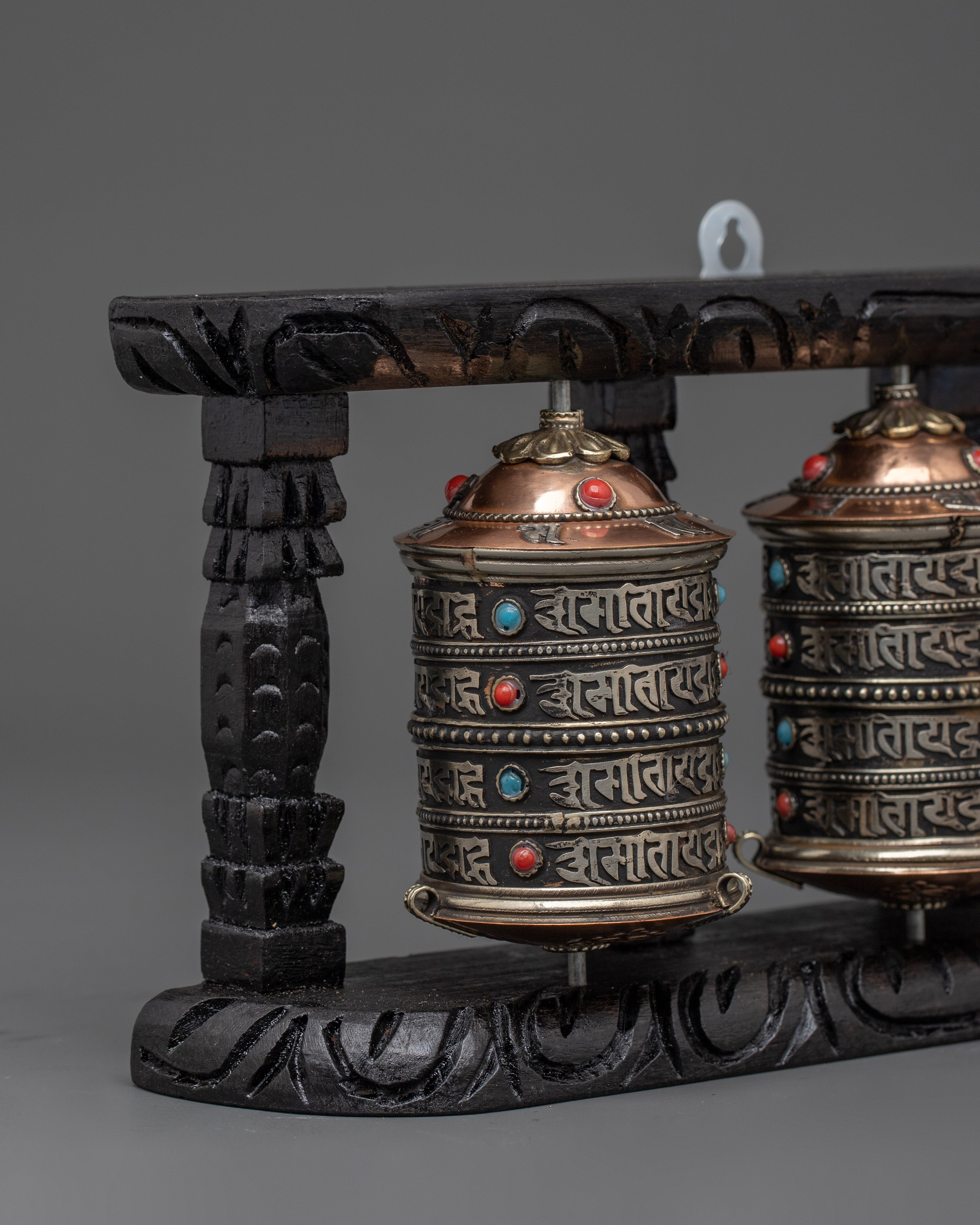 Three-Wheel Prayer Spinner in Wooden Frame | Tibetan Buddhist Home Blessing Tool