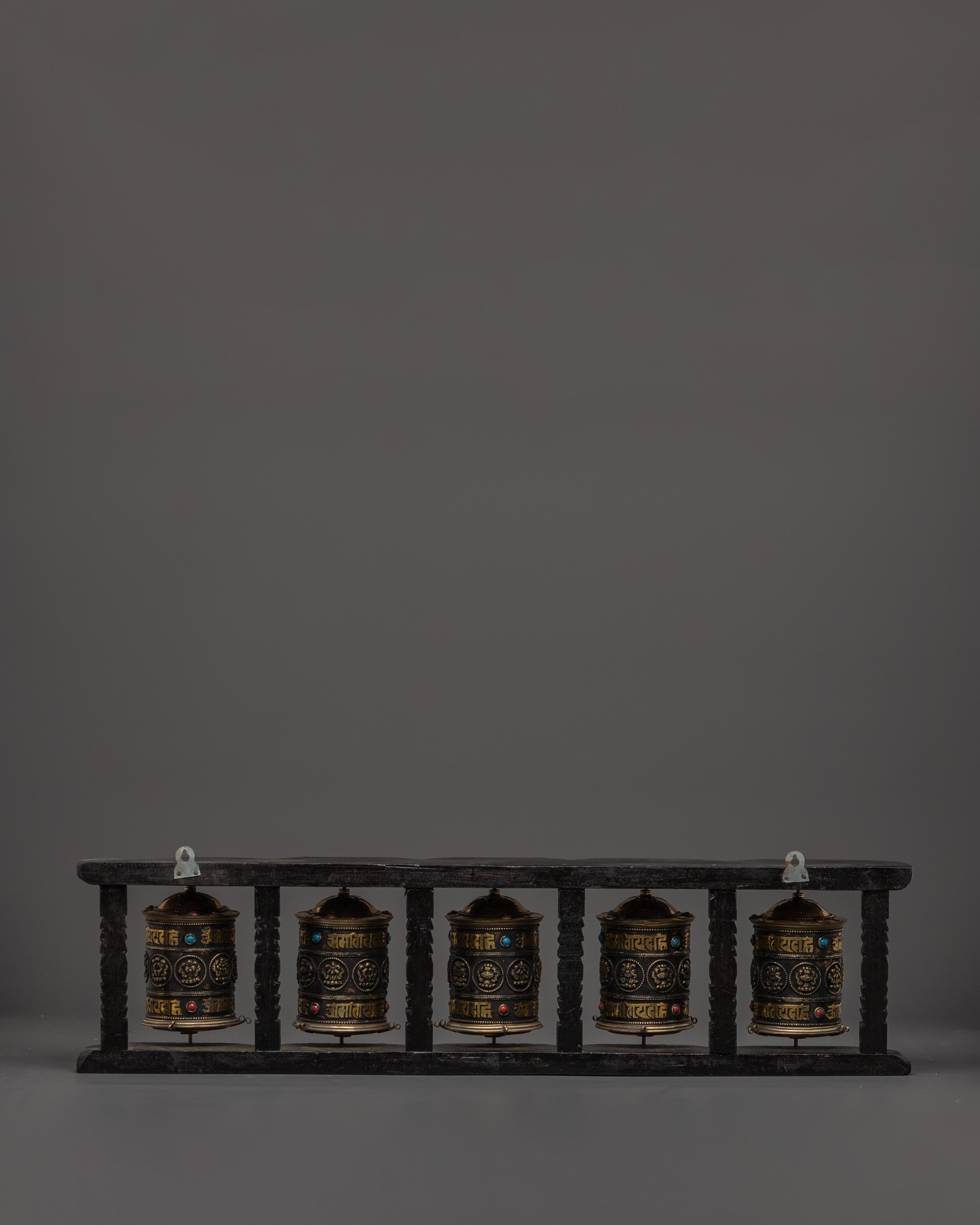 Five Tibetan Prayer Wheels on a Wooden Frame | Mantra Spinners