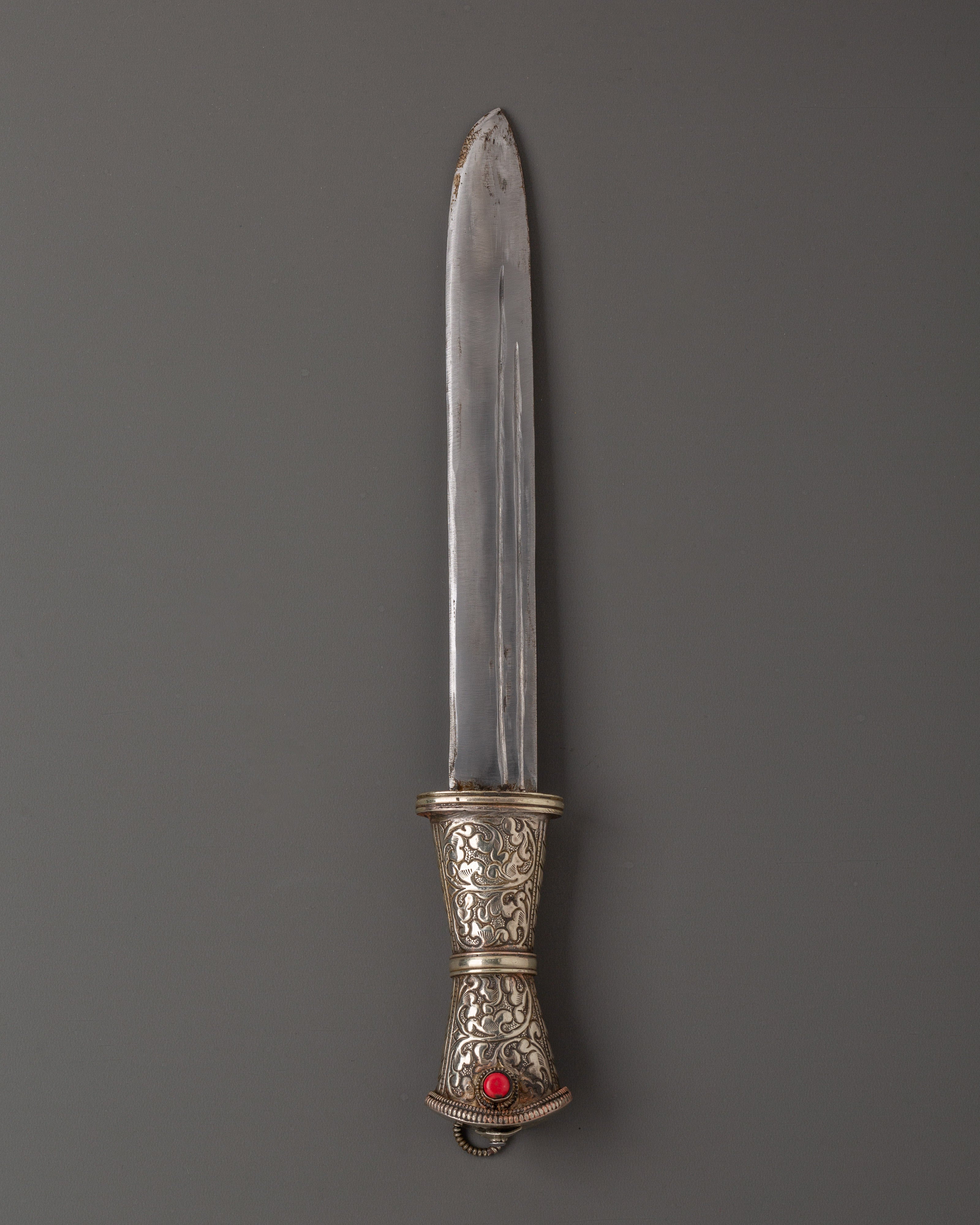Tibetan Sword with White Metal | Ritual Item with Turquoise and Coral Gems