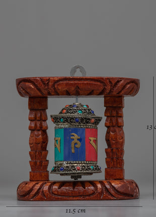 Compact Copper Prayer Wheel with Mantras and Stones | Vibrant Buddhist Devotional Tool