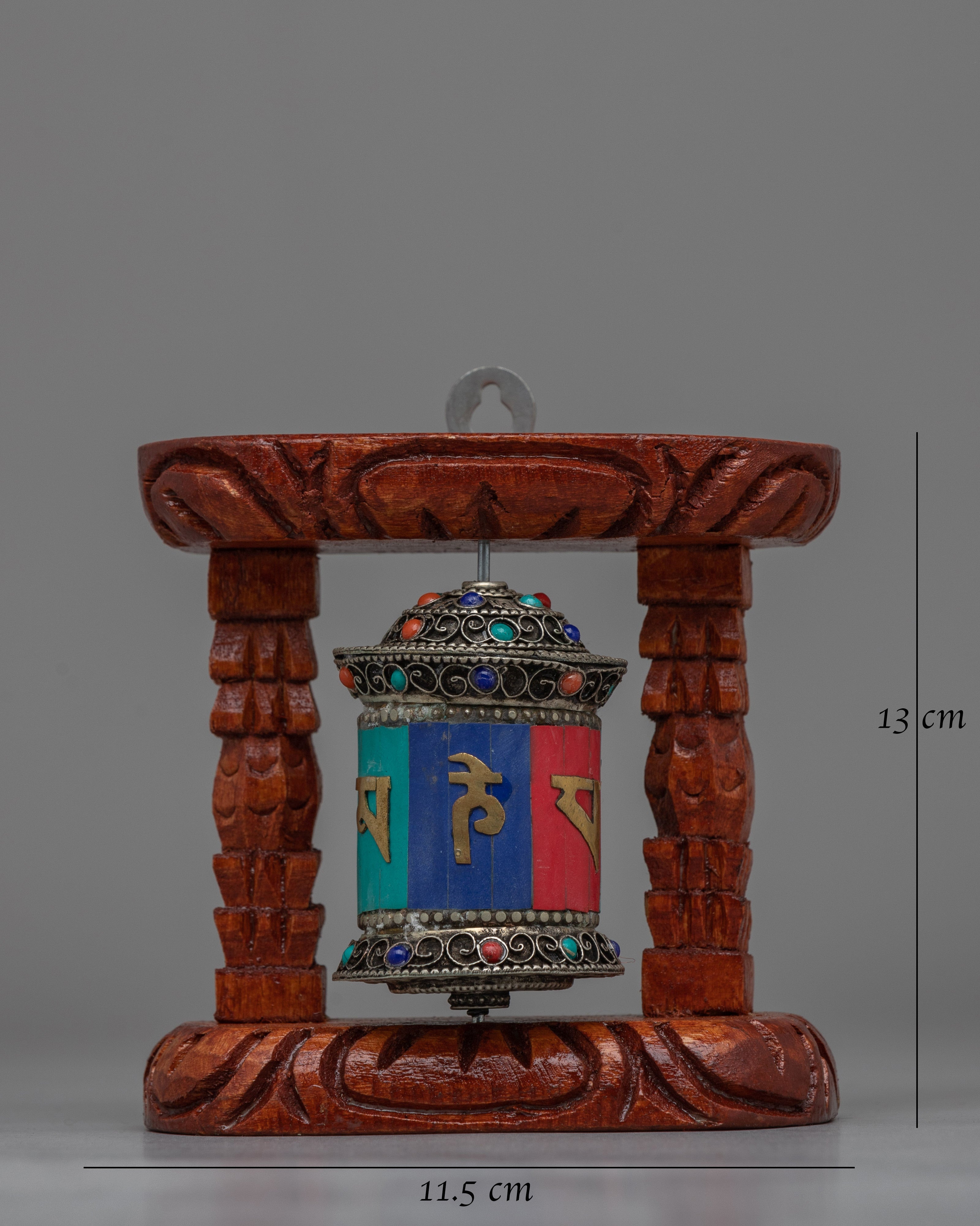 Compact Copper Prayer Wheel with Mantras and Stones | Vibrant Buddhist Devotional Tool