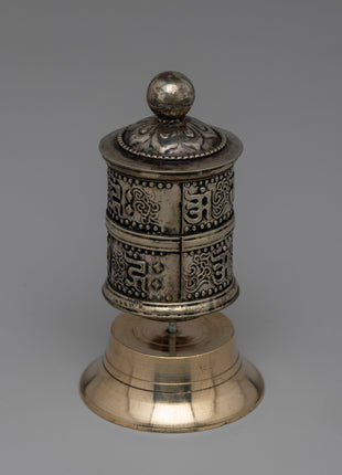 Intricate Tibetan Prayer Wheel for Meditation & Blessings | Compact Copper & Brass Ritual Tool