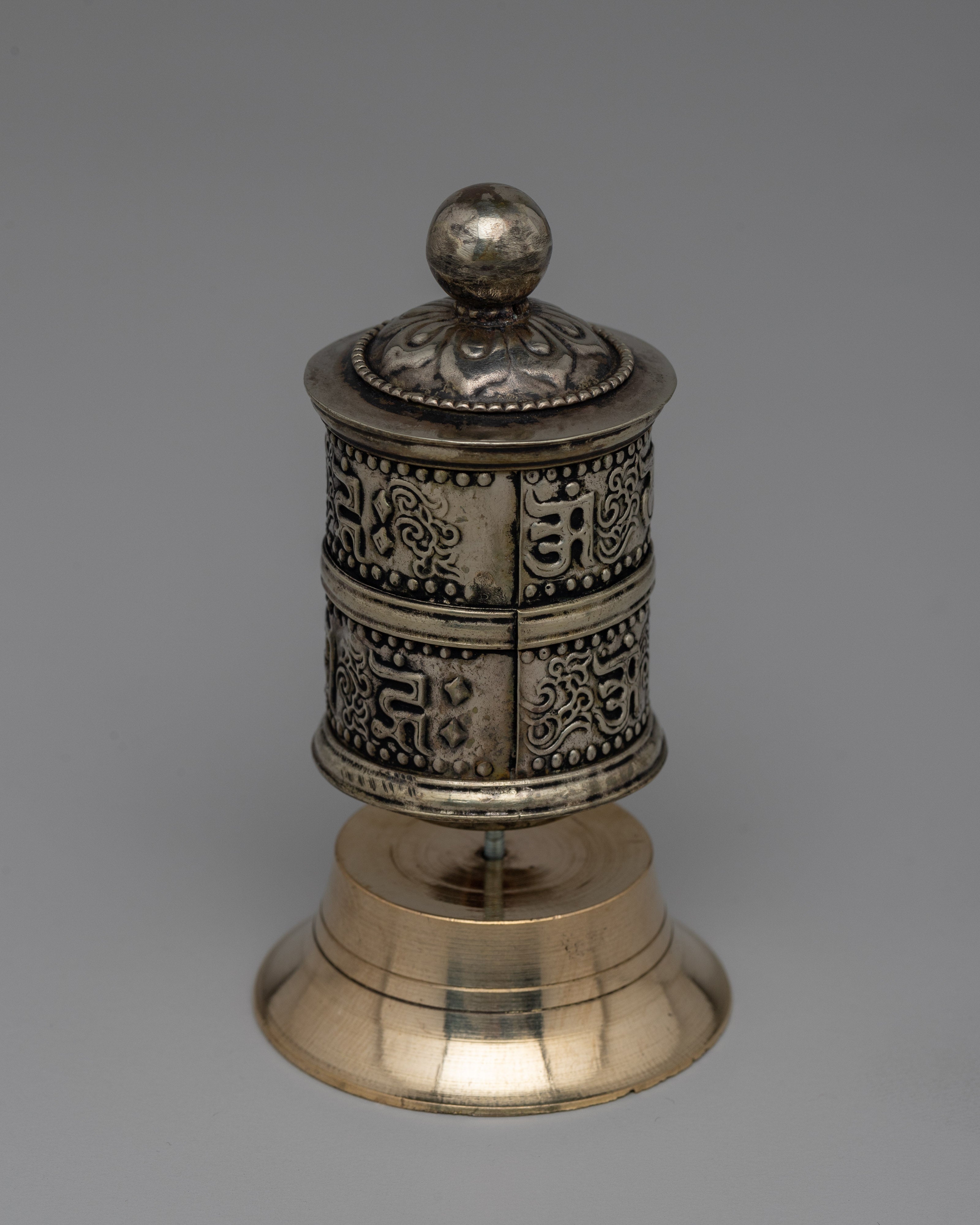 Intricate Tibetan Prayer Wheel for Meditation & Blessings | Compact Copper & Brass Ritual Tool