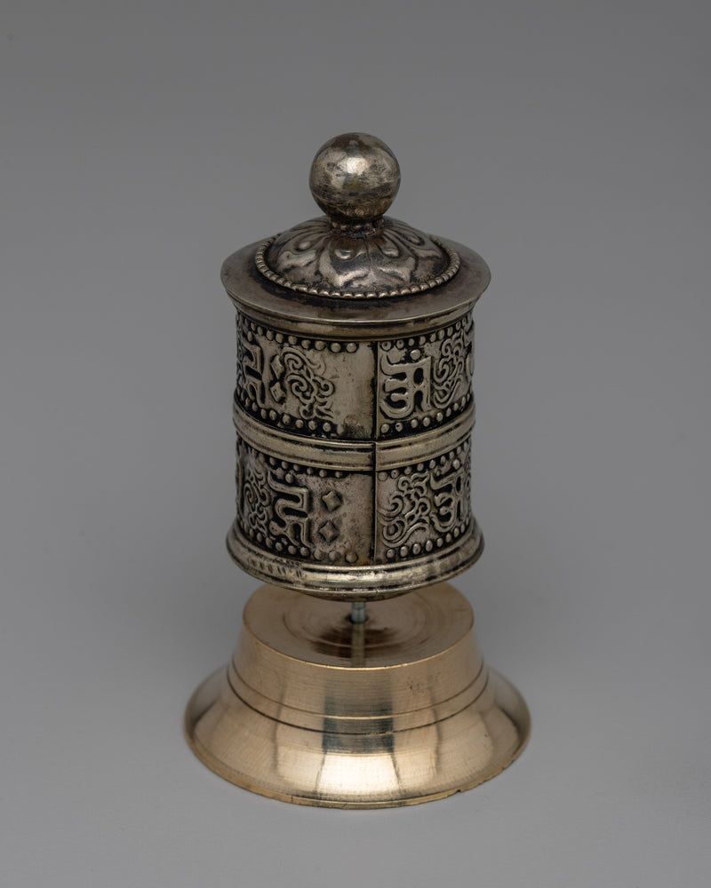 Intricate Tibetan Prayer Wheel for Meditation & Blessings | Compact Copper & Brass Ritual Tool