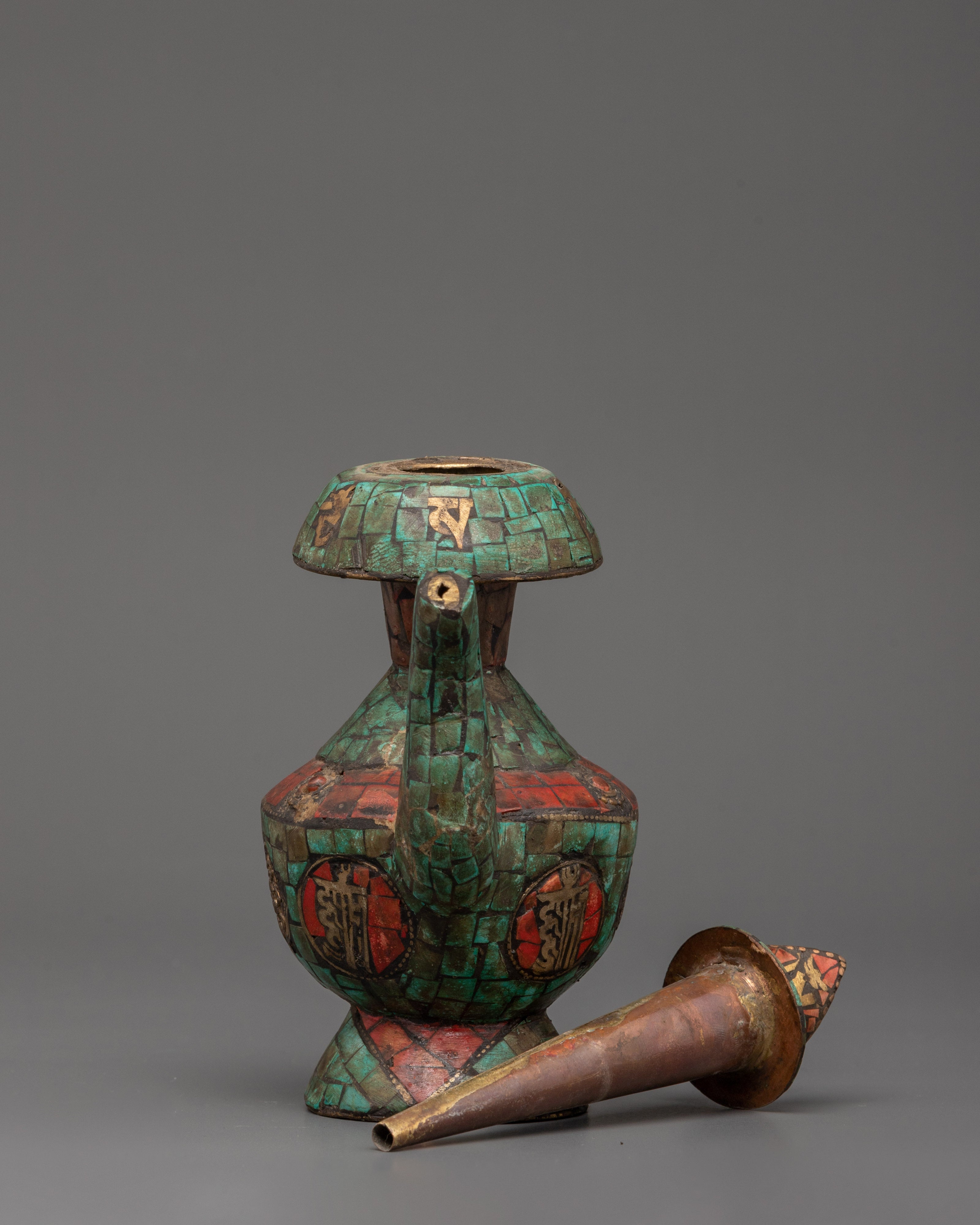 Tibetan Bhumba with Turquoise & Coral Inlay | Ritual Water Vase with Tibetan Symbols
