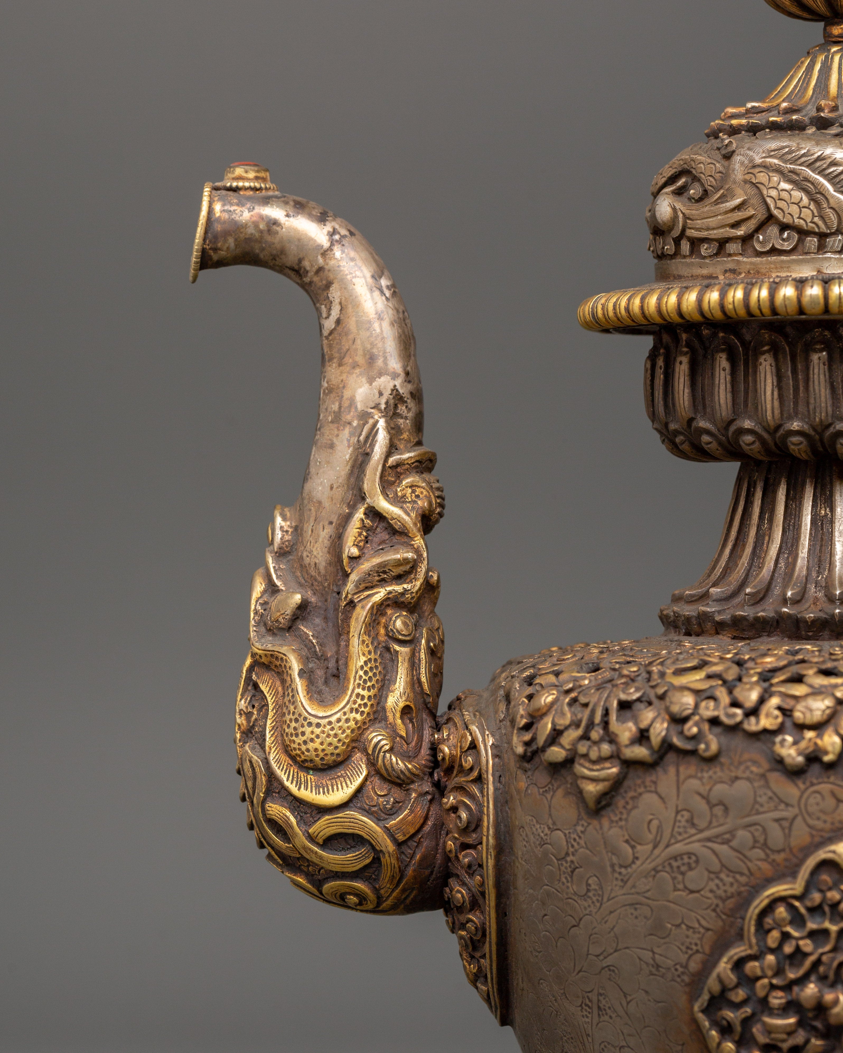 Tea Pot with Dragon Handle | Handcrafted Copper & Pure Silver with Gold Plating