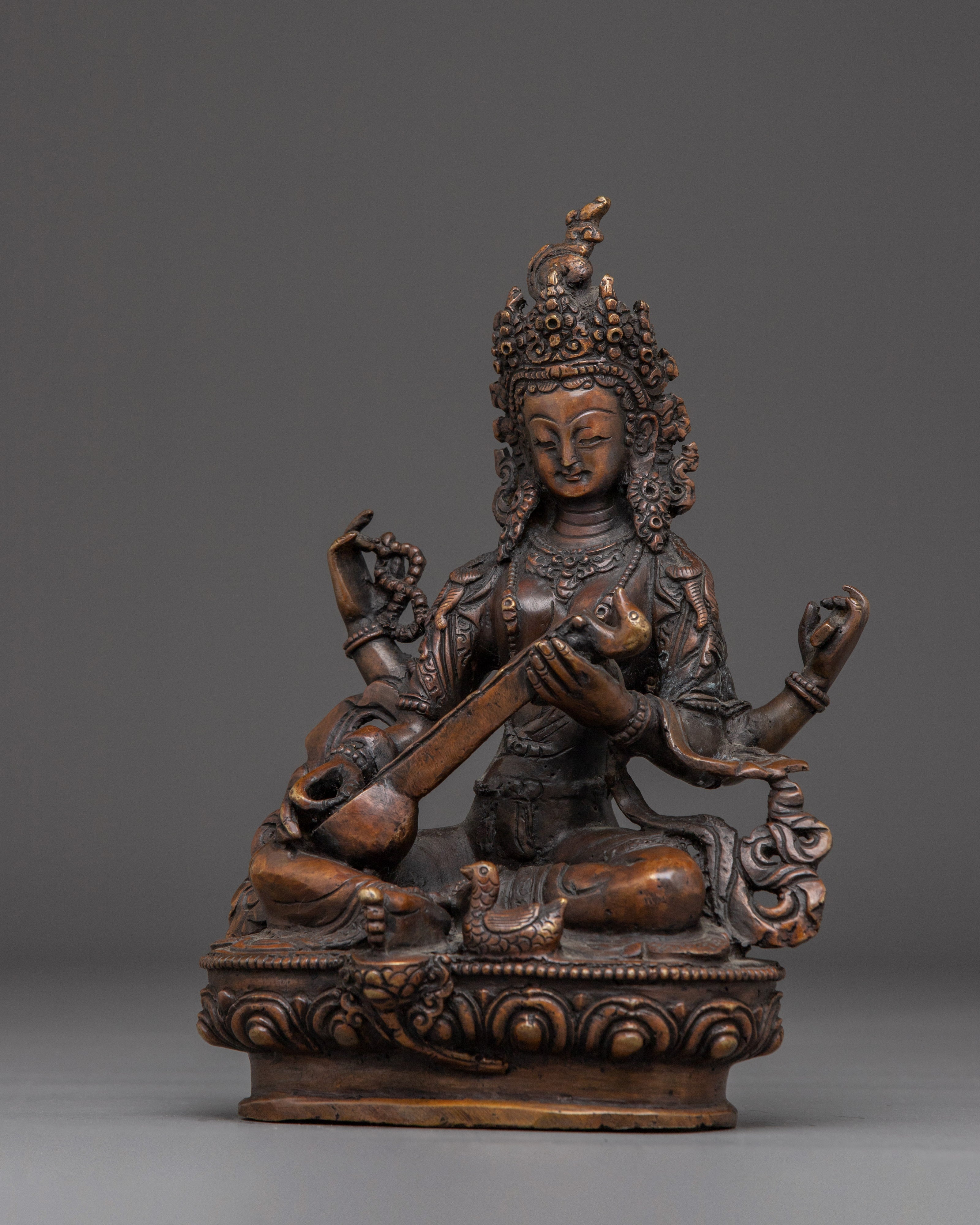 Oxidized Copper Saraswati with Veena Statue | Symbol of Wisdom and Knowledge
