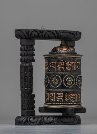 Sacred Buddhist Wooden Base Prayer Wheel | Perfect for Meditation and Ethnic Spiritual Decor