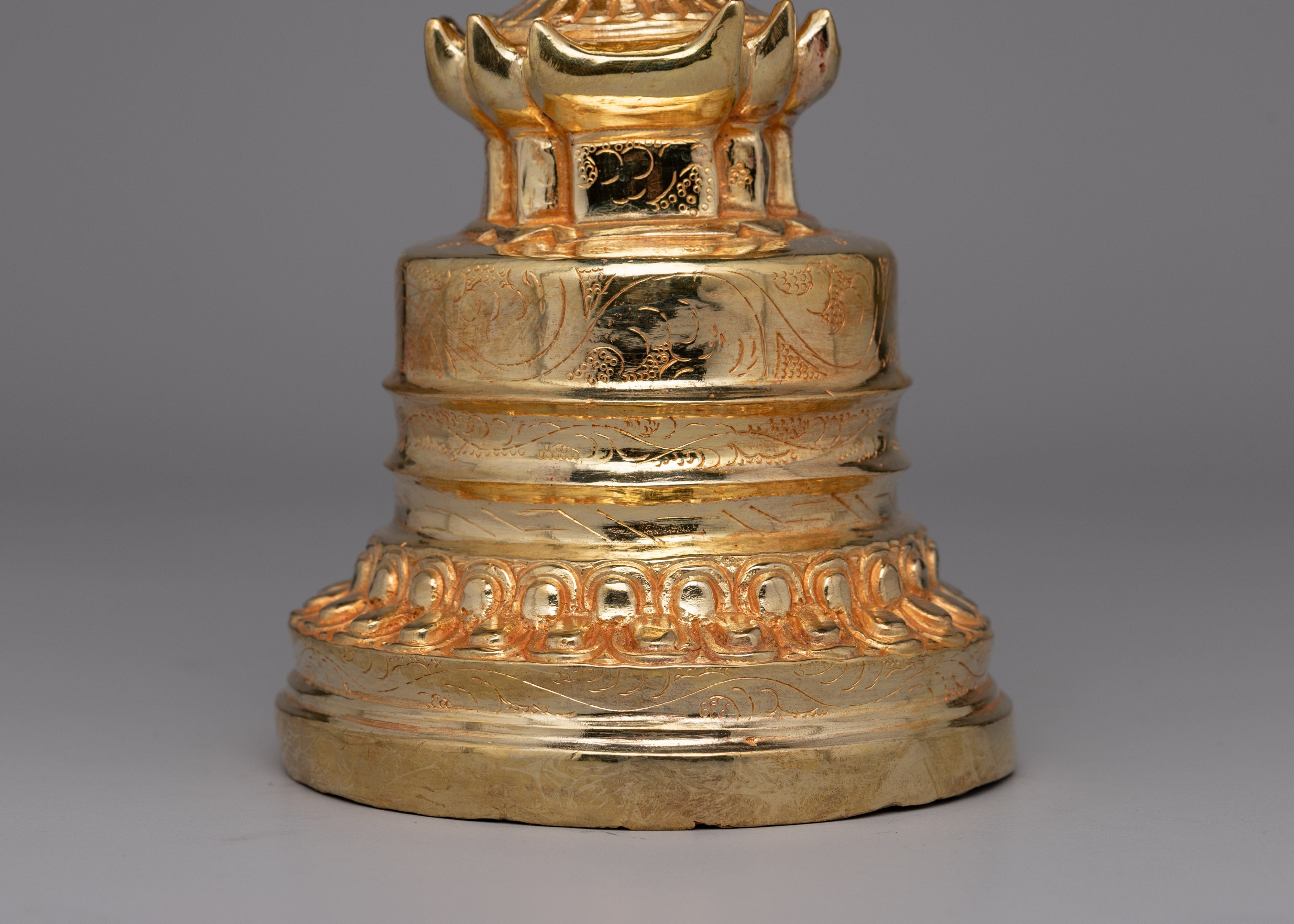 Handmade Gold-Plated Tibetan Stupa | Sacred Artifact for Buddhist Altars and Home Decor