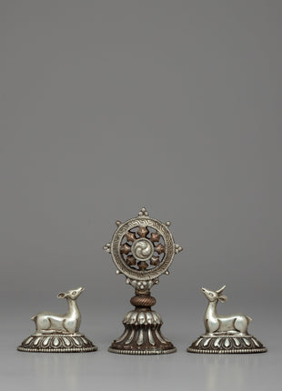 Silver-Plated Buddhist Dharma Wheel & Deer Set