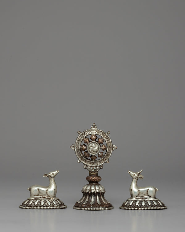 Silver-Plated Buddhist Dharma Wheel & Deer Set