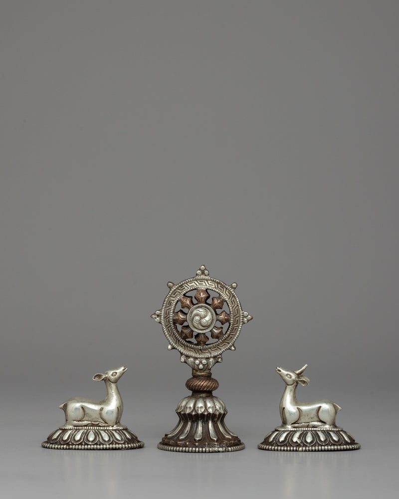 Silver-Plated Buddhist Dharma Wheel & Deer Set