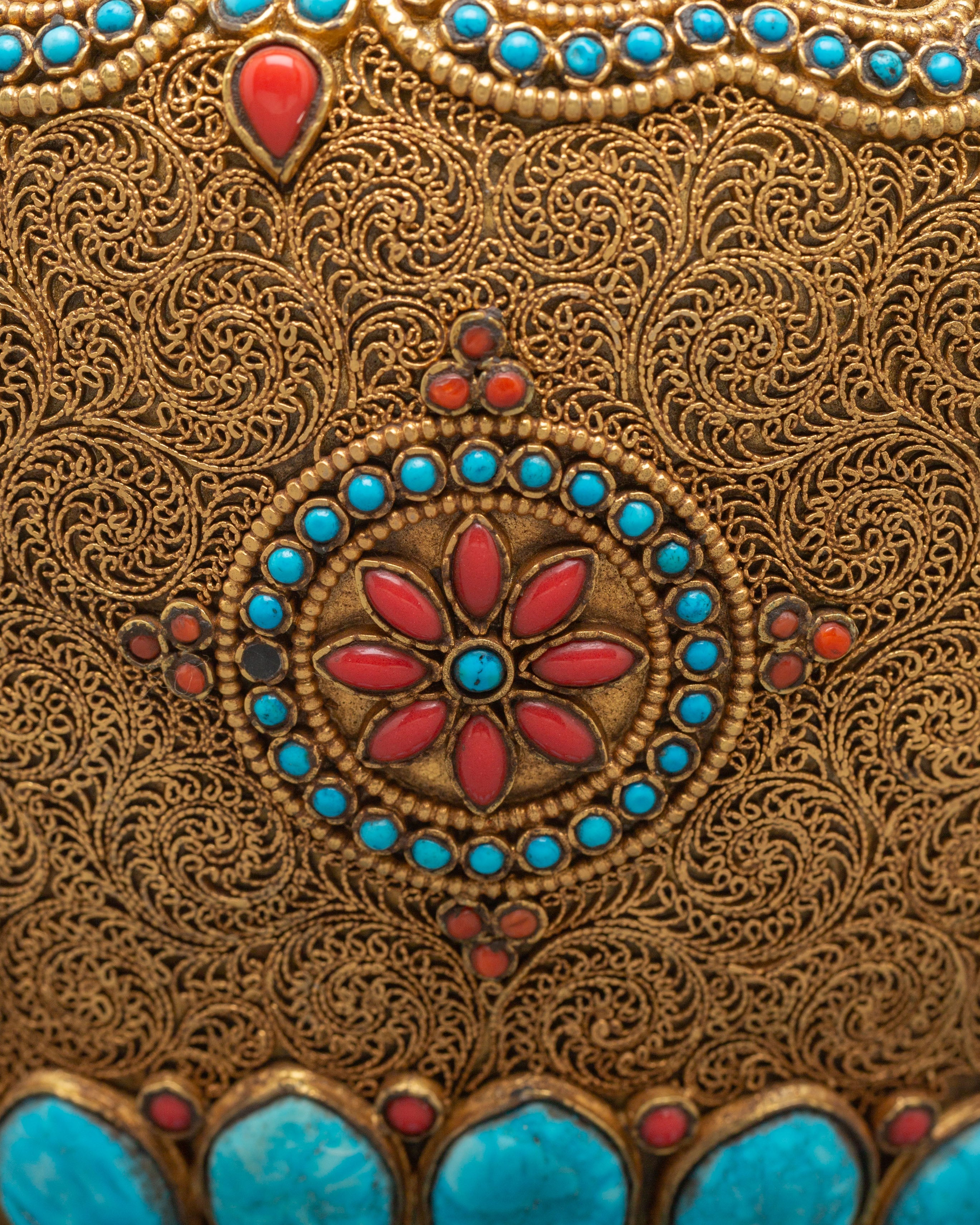 Tibetan Offering Rice Pot | Gold-Plated Copper Pot with Coral & Turquoise