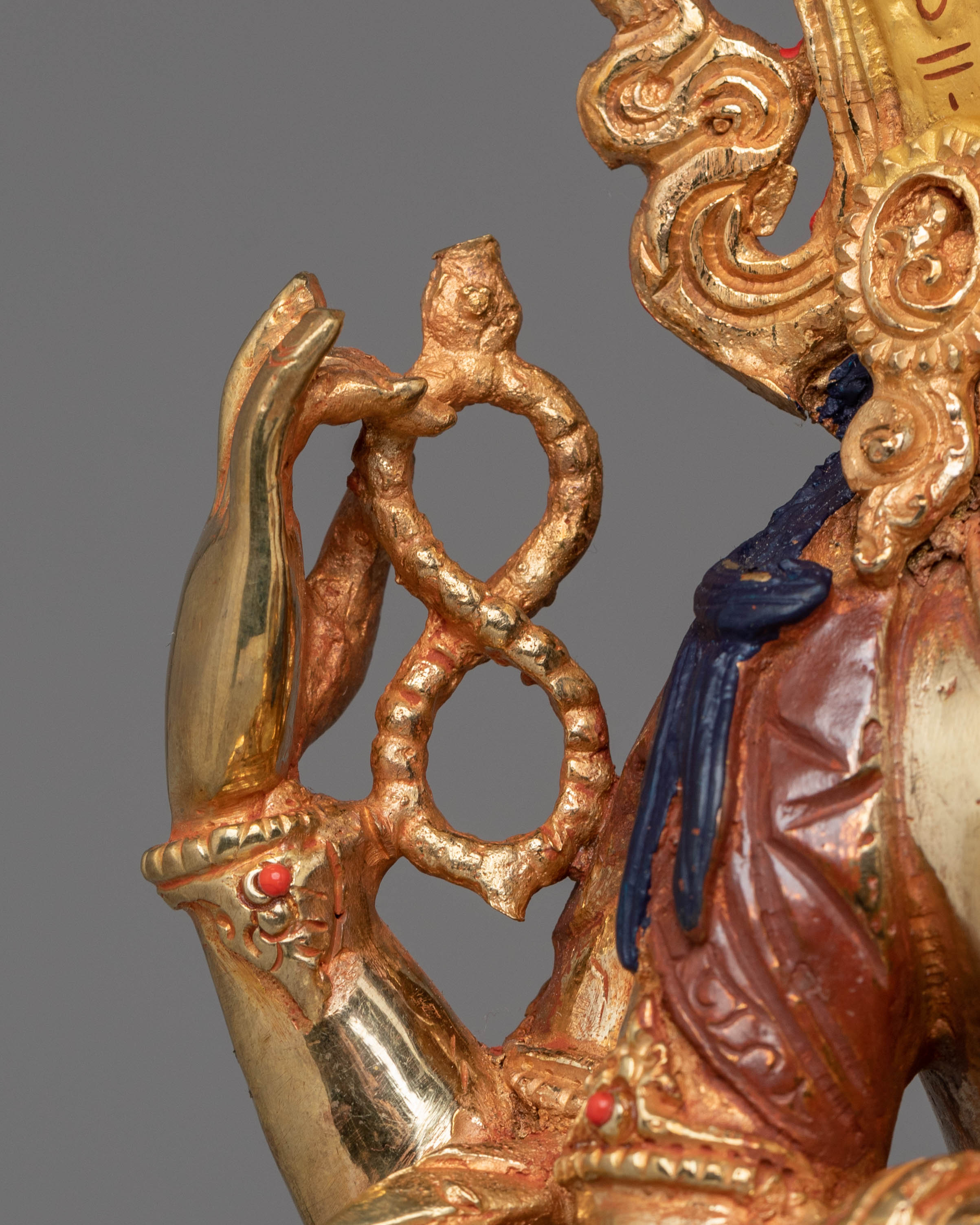 Handcrafted Tibetan Chenrezig Sculpture | Gold-Plated with Coral & Turquoise