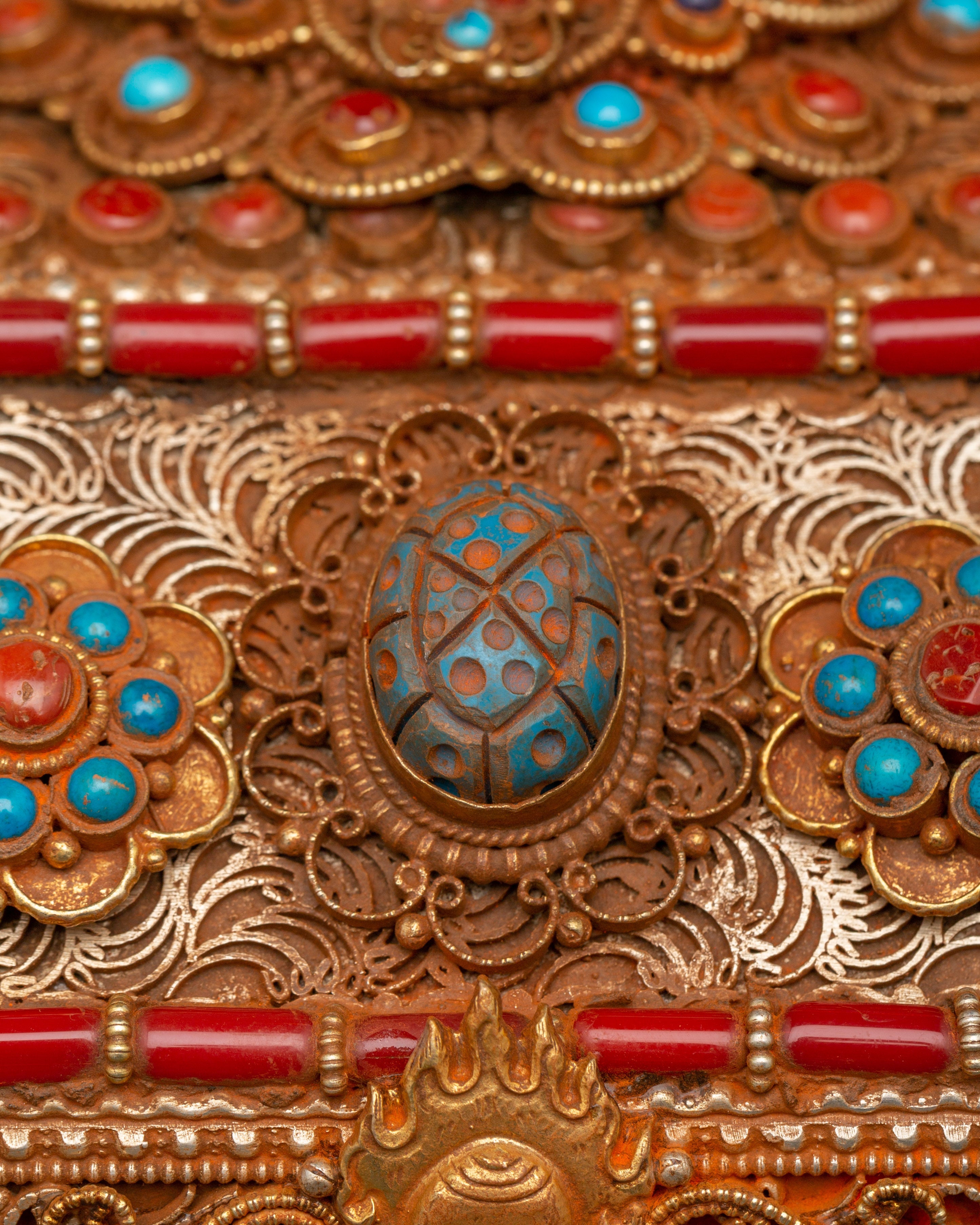 Tibetan Treasure Box with Turquoise and Coral | Buddhist Decor