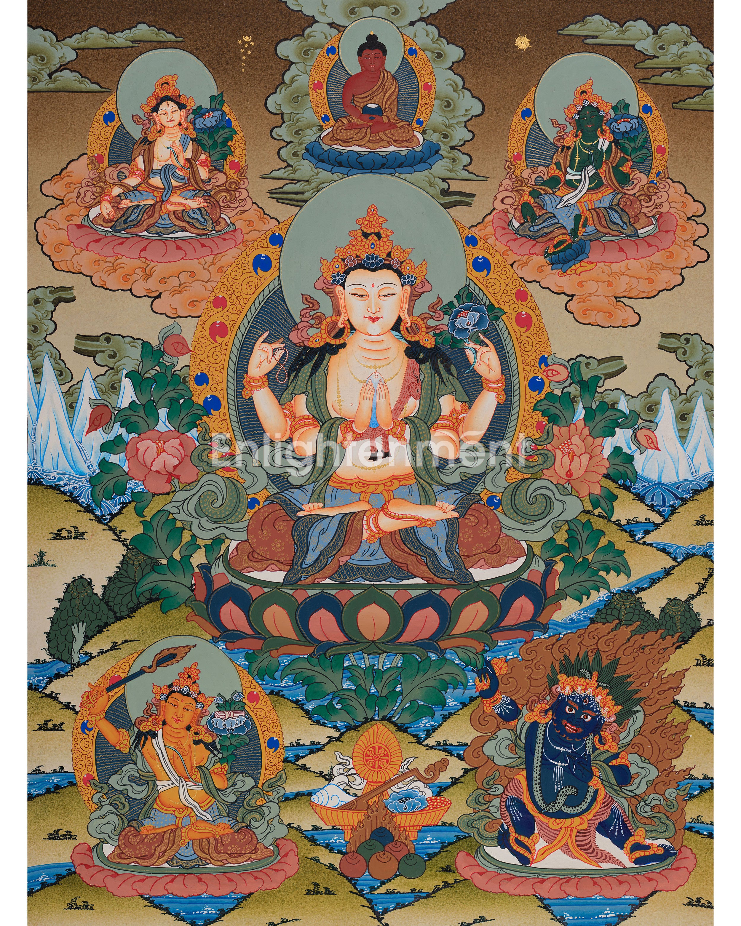 Avalokiteshvara Thangka with Buddhas and Bodhisattvas | Hand-Painted Himalayan Art