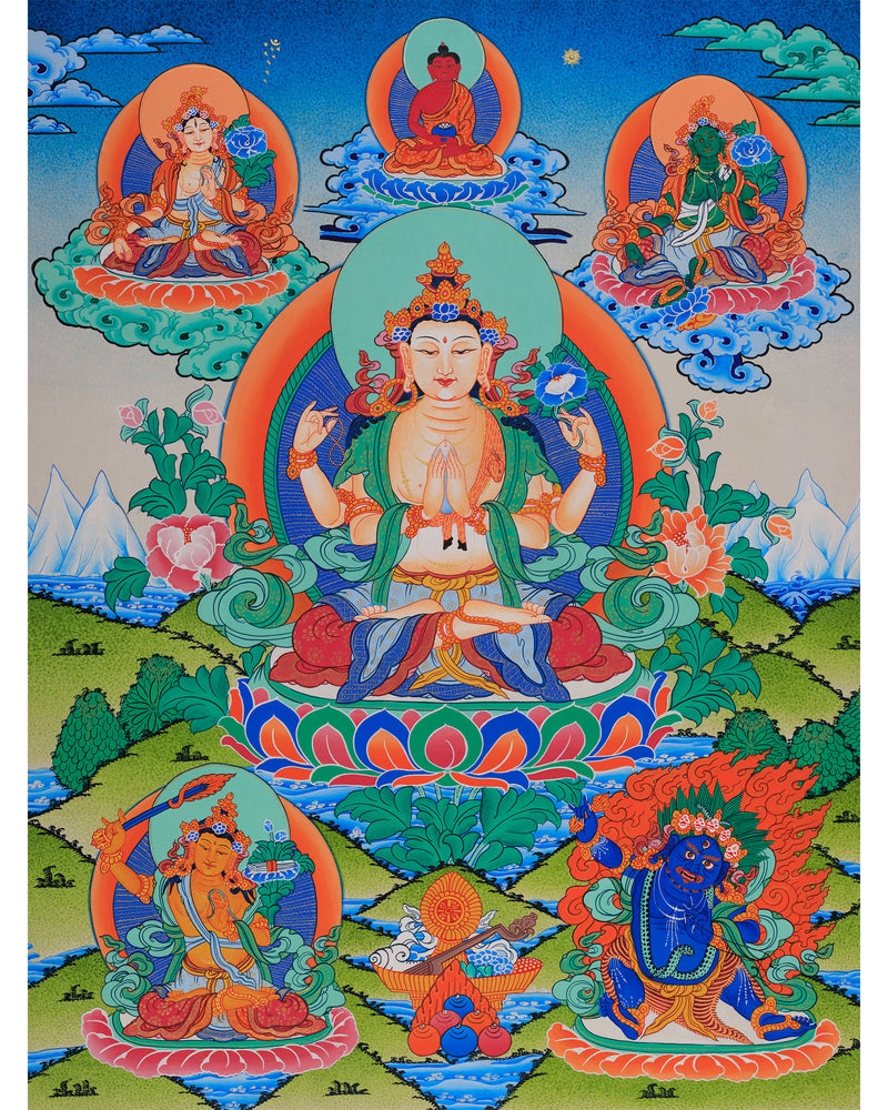 Avalokiteshvara Thangka with Buddhas and Bodhisattvas | Hand-Painted Himalayan Art