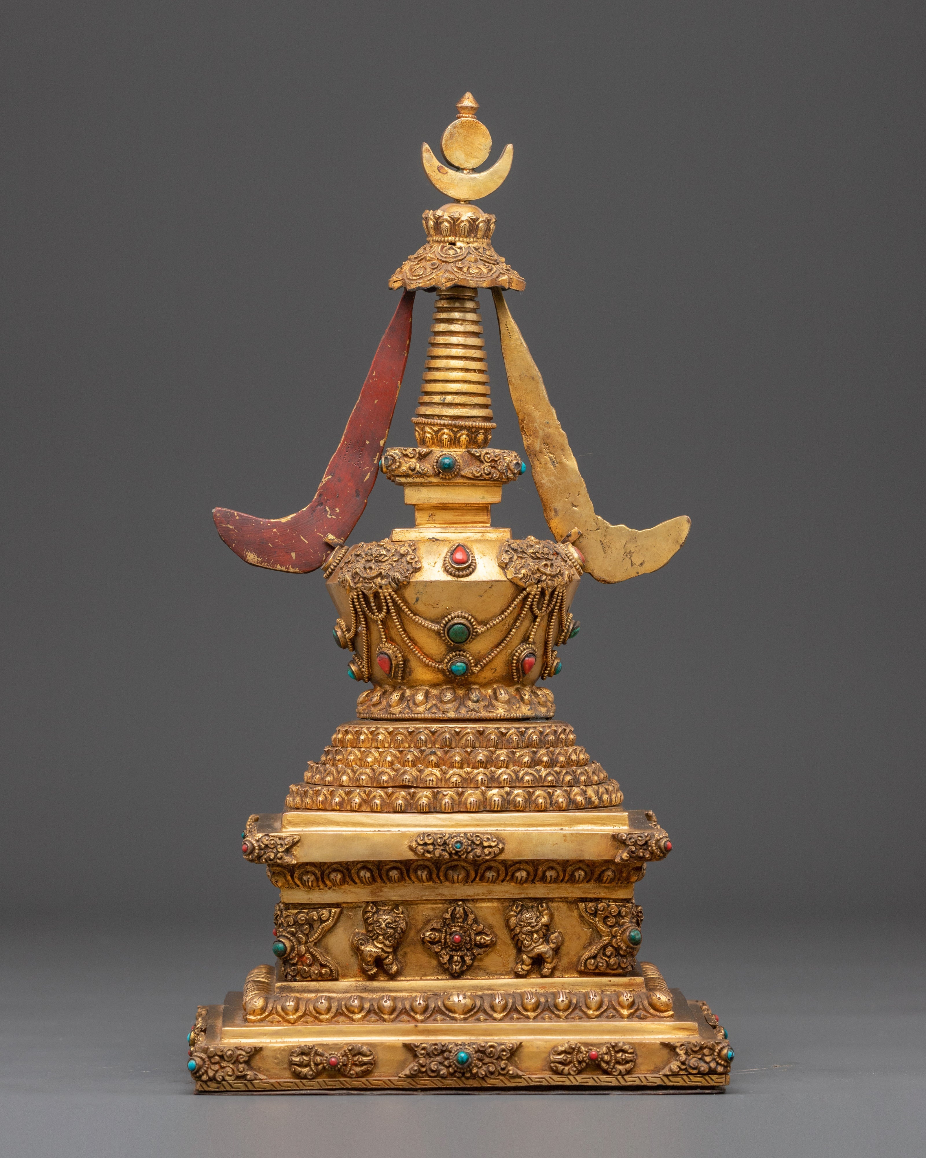 Handmade Gold Plated Buddhist Stupa with Buddha | Copper Stupa with Turquoise Inlay