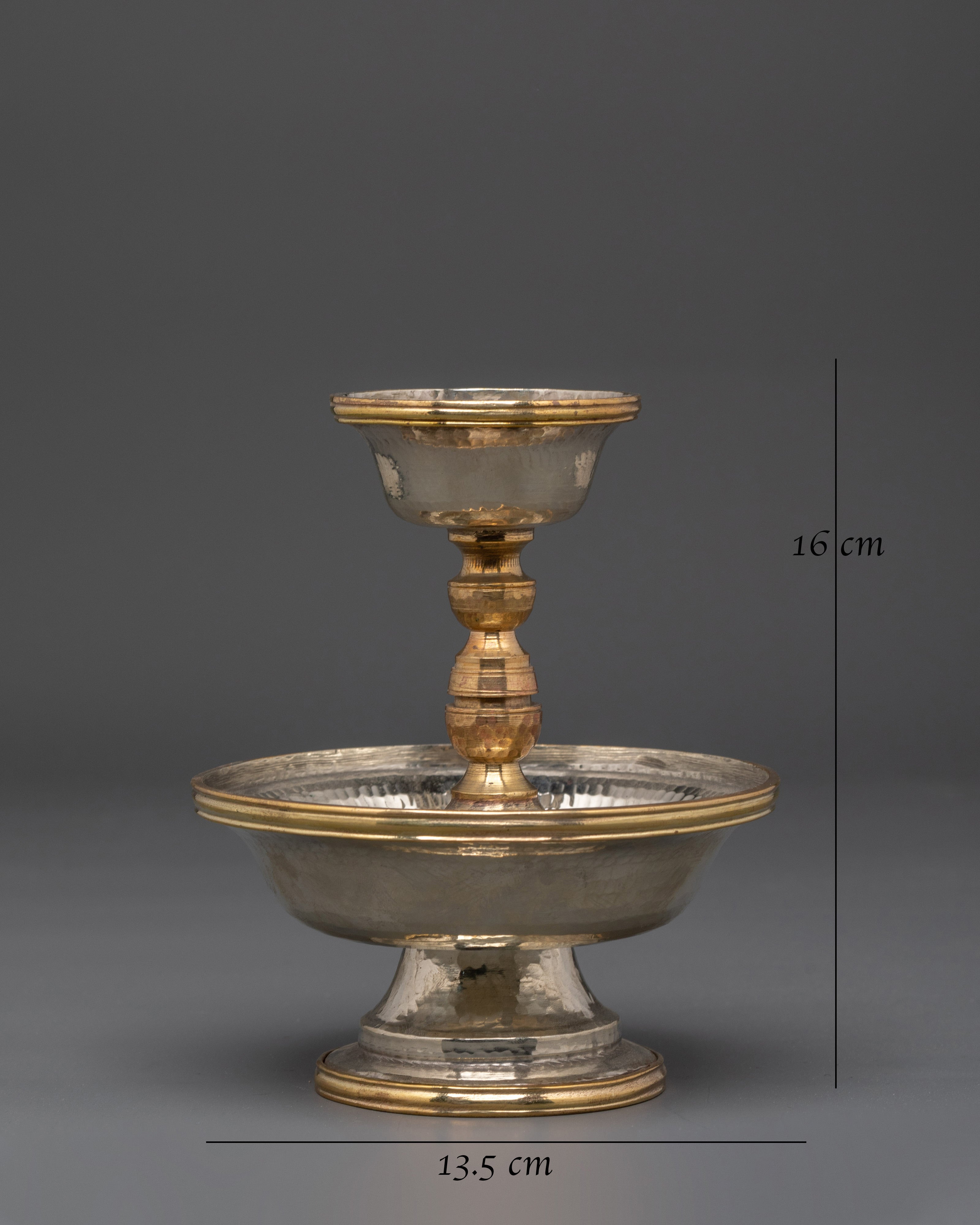 Handcrafted Buddhist Altar Serkyem Set | White Metal and Copper Ritual Offering Vessel